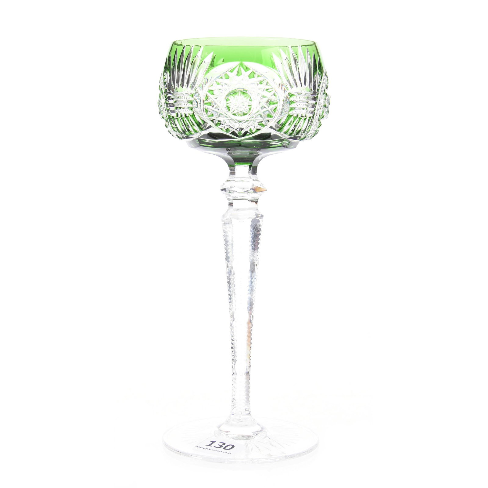 Wine Stem, Brilliant Period, Green Cut to Clear: Wine Stem, Brilliant Period, Green Cut to Clear, 7.75", Hobstar and Mitre Motif, Notched Stem, Flashed Ray Cut Base, Attributed to Val St. Lambert, Mike & Mary Ann Callahan, OK