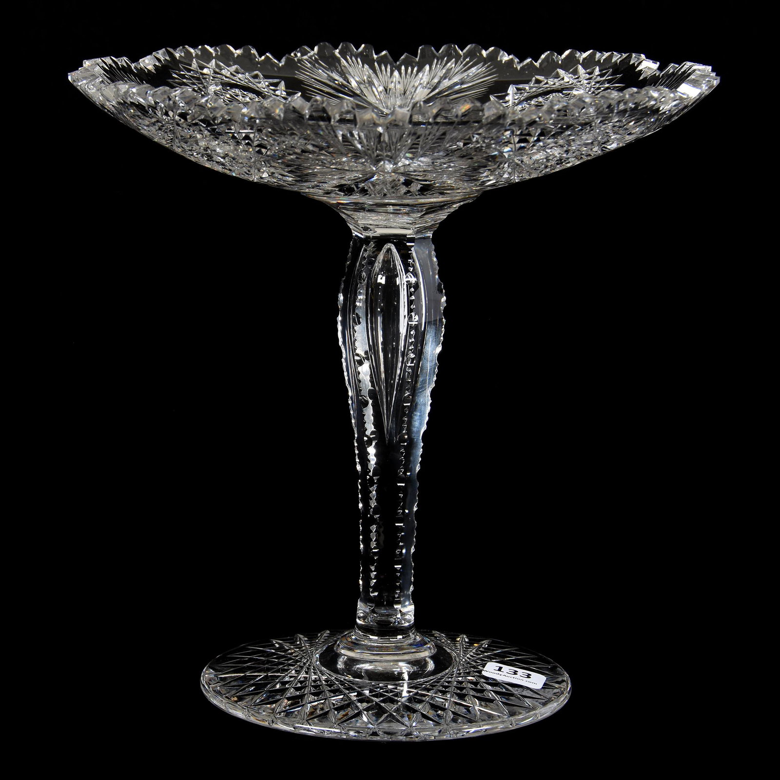 Compote, ABCG, Bermuda Pattern by Bergen: Compote, ABCG, Bermuda Pattern by Bergen, 9" X 9.25", Notched Teardrop Stem, Hobstar Foot, Clear Blank, Hard to See Outside Rim Chip, Mike & Mary Ann Callahan, OK