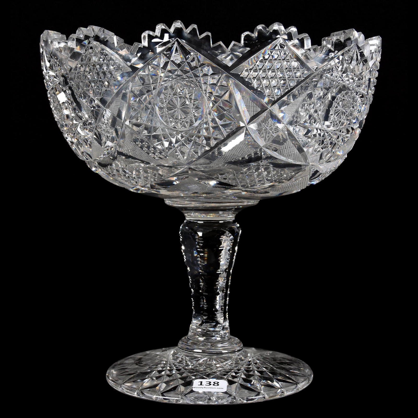 Pedestal Fruit Bowl, ABCG: Pedestal Fruit Bowl, ABCG, 9.5" X 9", Hobstar, Nailhead Diamond, Strawberry Diamond and Vesica Motif, Solid Notched Stem, Large Hobstar Foot, Mike & Mary Ann Callahan, OK