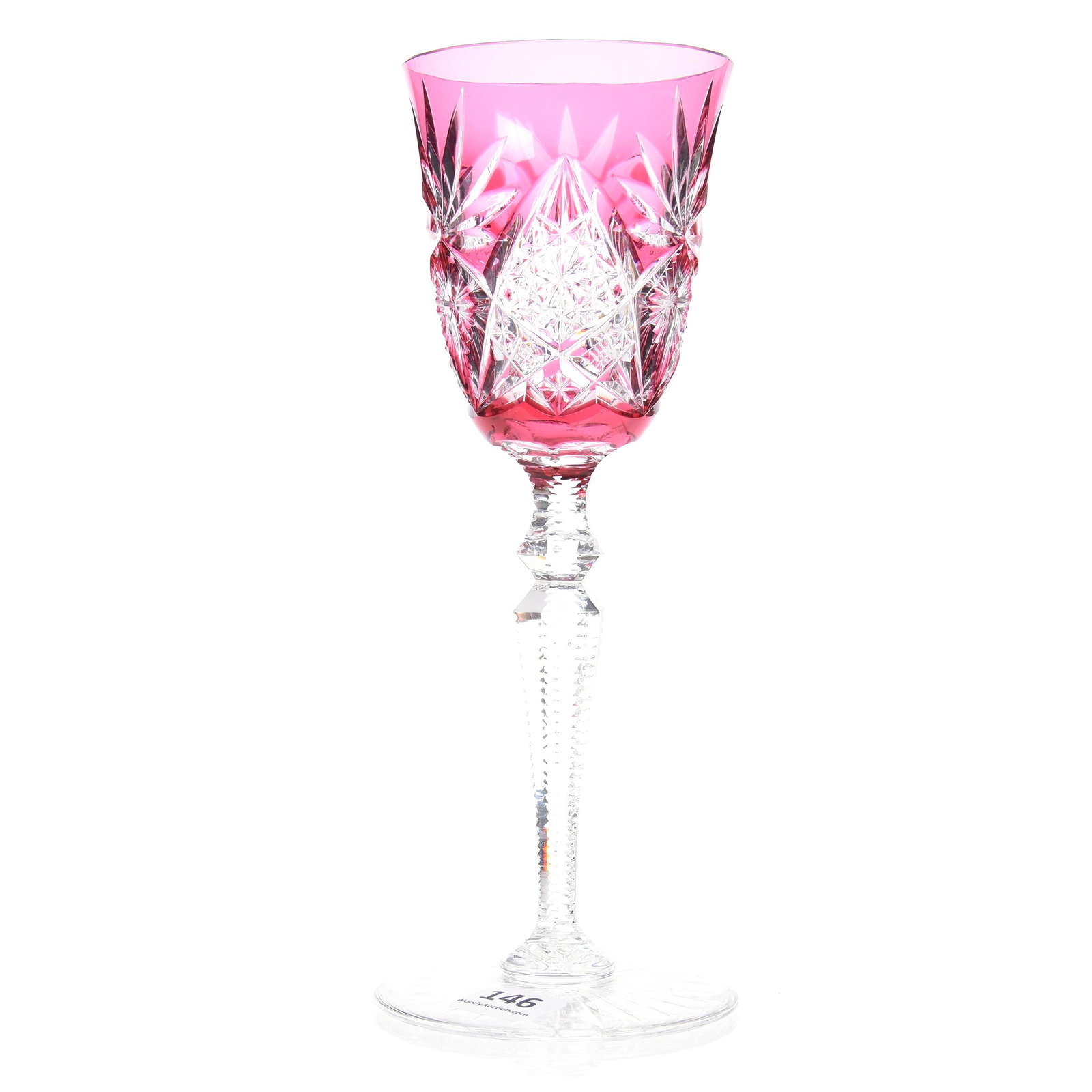 Wine Stem, Brilliant Period, Cranberry to Clear: Wine Stem, Brilliant Period, Cranberry to Clear, 8.25", Hobstar, Star and Fan Motif, Attributed to Val St. Lambert, Notched Stem, Ray Cut Foot, Mike & Mary Ann Callahan, OK