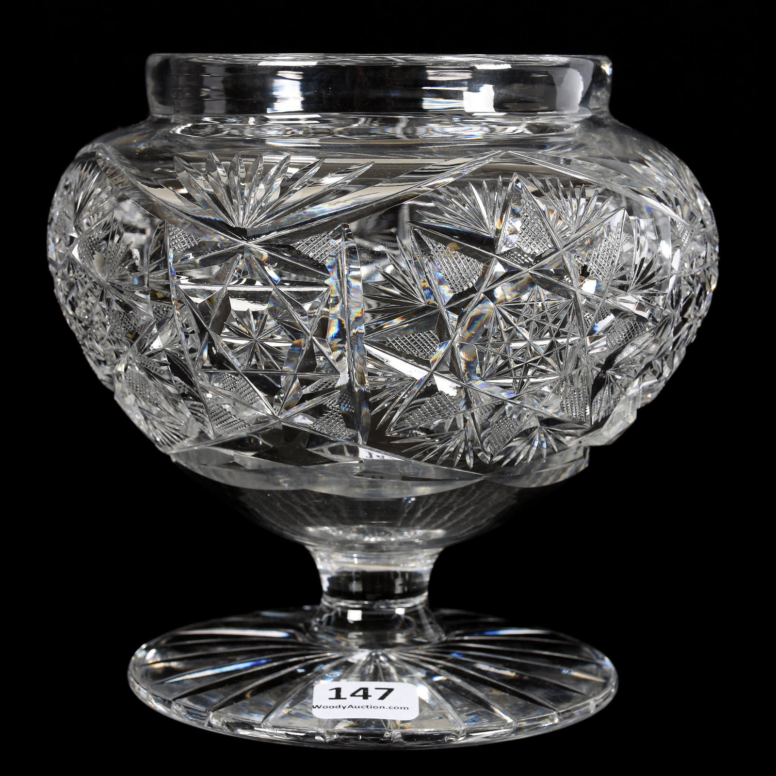 Rose Bowl, Pedestal, ABCG, Meriden #203: Rose Bowl, Pedestal, ABCG, Meriden #203, 5.5" X 5.5", Flashed Hobstar, Ray Cut Foot, Mike & Mary Ann Callahan, OK. UPDATED 4-20-20: Added Pattern and Maker.