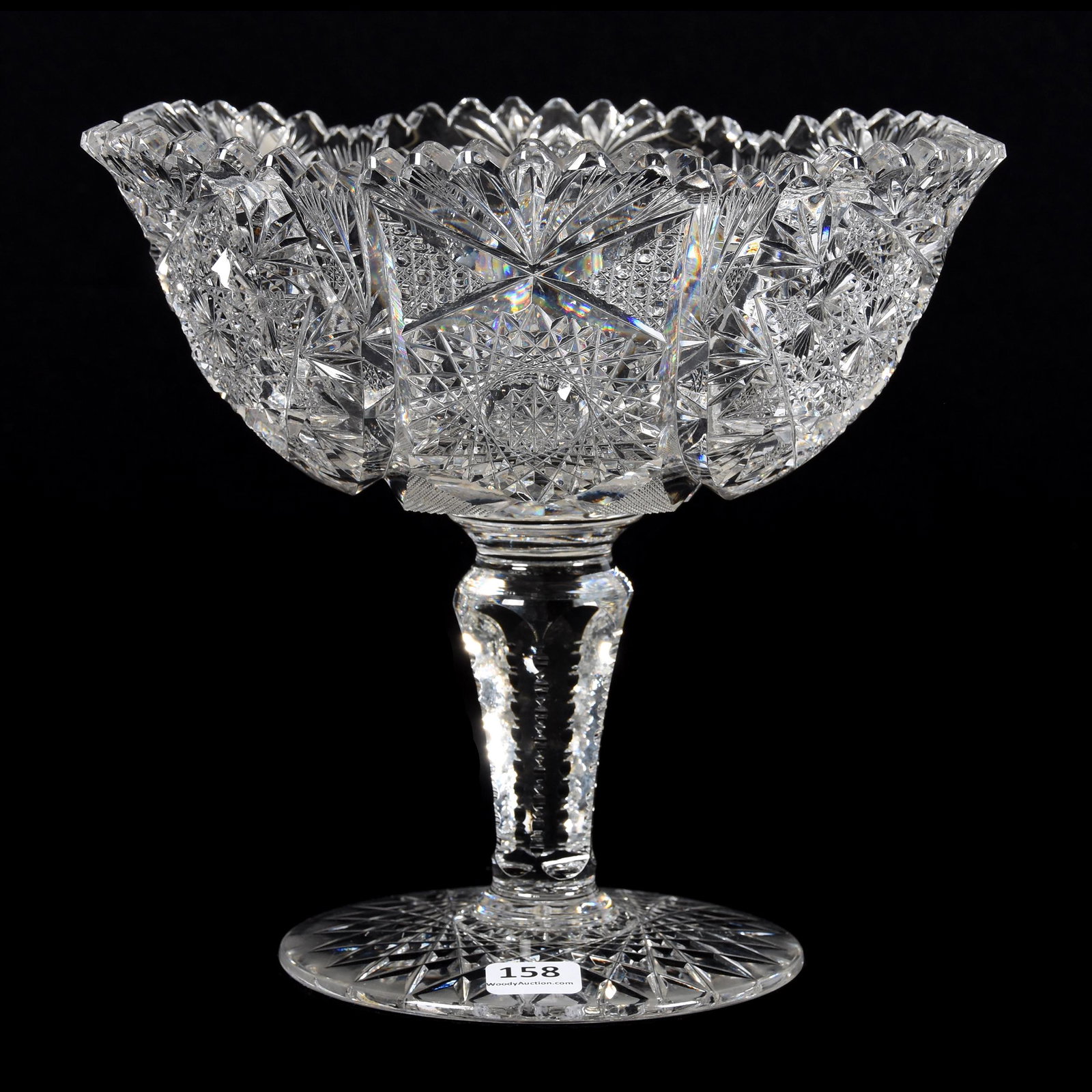 Compote, American Brilliant Cut Glass: Compote, ABCG, 8" X 9", Hobstar, Cane, Flashed Hobstar, Strawberry Diamond and Fan Motif, Solid Notched Stem, Hobstar Foot, Clear Blank, Mike & Mary Ann Callahan, OK