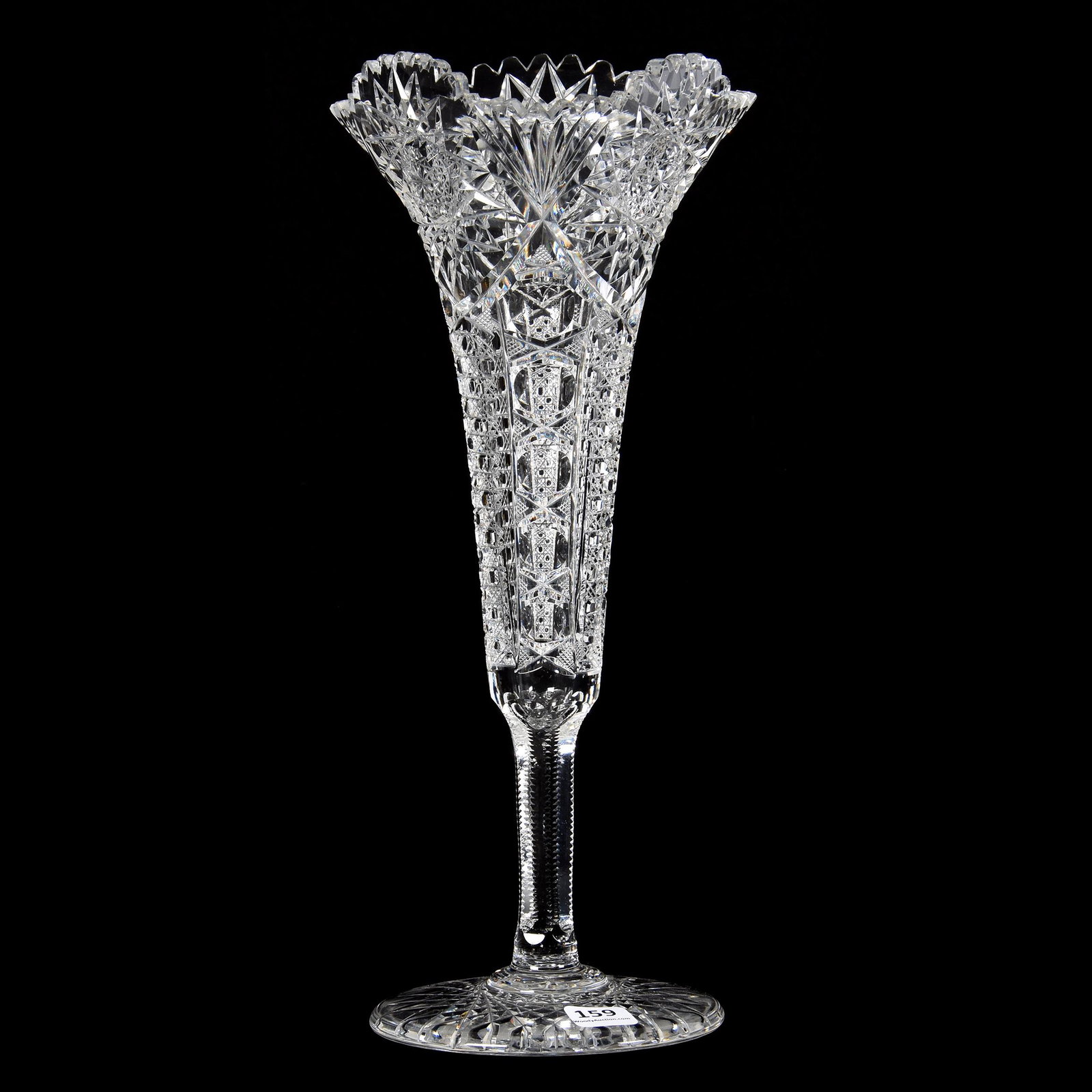 Trumpet Vase, Tri-Corner, ABCG: Trumpet Vase, Tri-Corner, ABCG, 13", Hobstar, Cane, Bullseye and Fan Motif, Hobstar Foot, Clear Blank, Mike & Mary Ann Callahan, OK