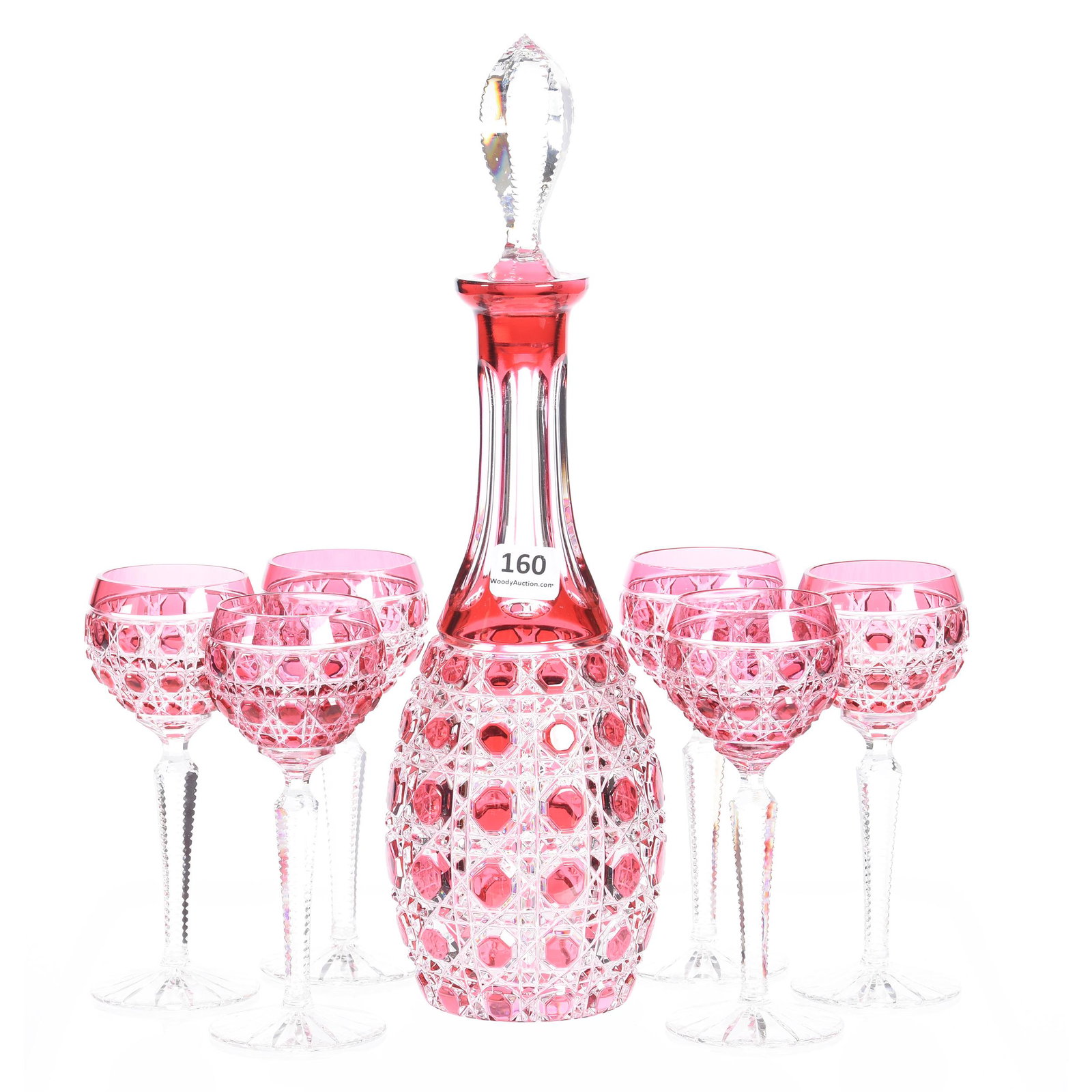 Decanter Set, Brilliant Period, Cranberry to Clear: Decanter Set, Brilliant Period, (1) 12.5" Decanter, Cranberry to Clear, Cane Pattern, Ray Cut Base, Selling with (6) 5.5" Pattern Matched Liqueurs, Mike & Mary Ann Callahan, OK