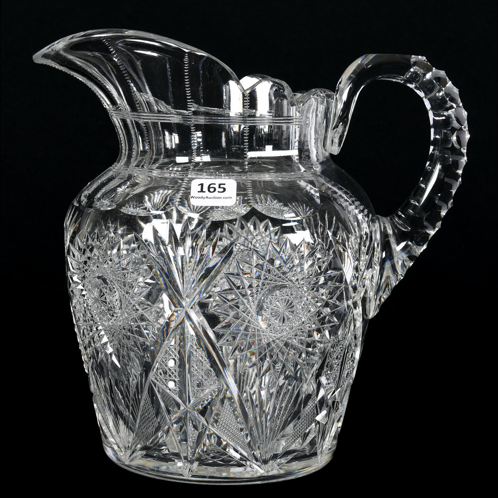 Water Pitcher, ABCG: Water Pitcher, ABCG, 9", Hobstar, Cane, Strawberry Diamond and Fan Motif, Triple-Notched Handle, Hobstar Base, Oversized Pitcher, Mike & Mary Ann Callahan, OK