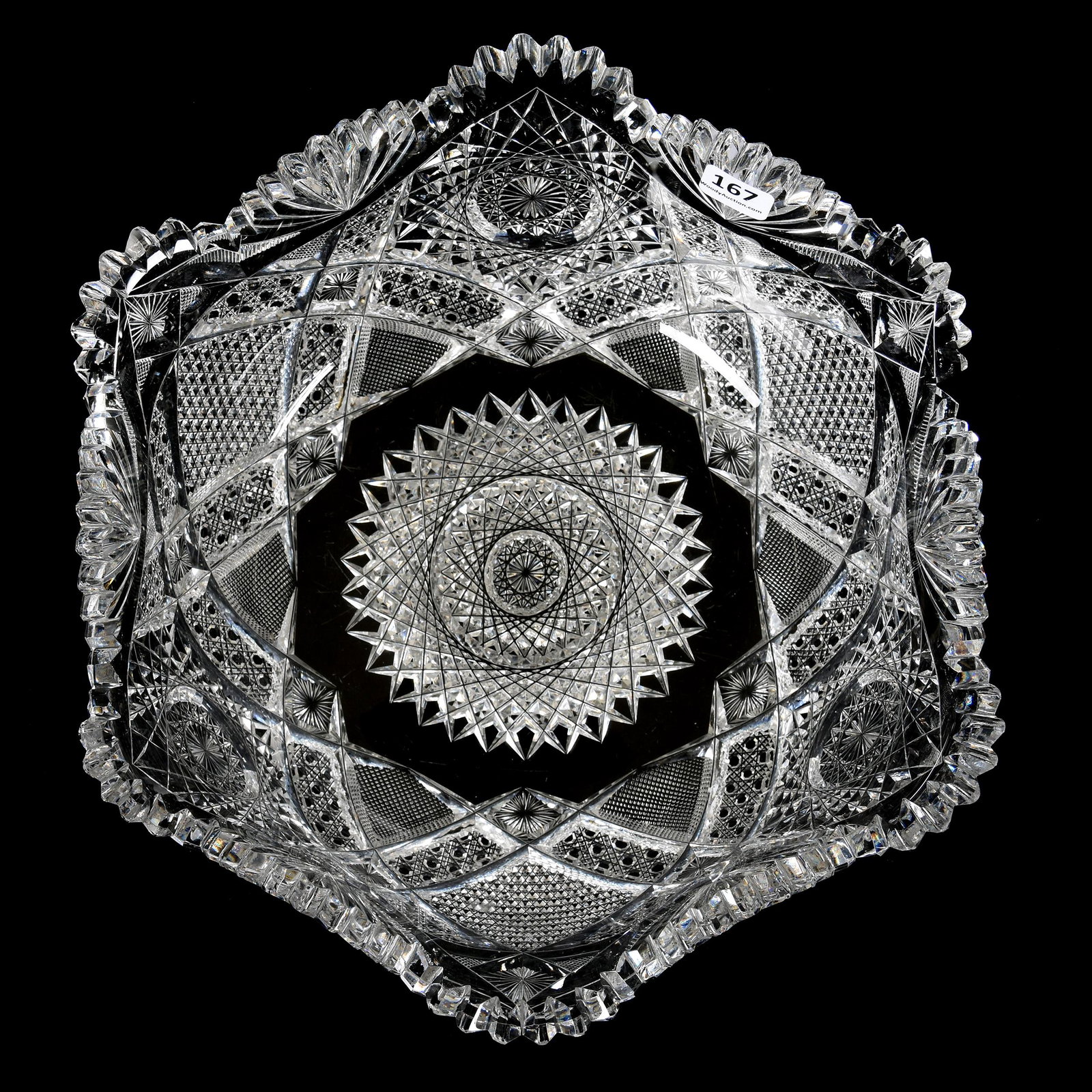 Bowl, Blown Mold, ABCG, Six-Sided: Bowl, Blown Mold, ABCG, Six-Sided, 4.75" X 11.5", Hobstar, Nailhead Diamond, Strawberry Diamond, Cane, Star and Fan Motif, Beautiful Blank, Mike & Mary Ann Callahan, OK