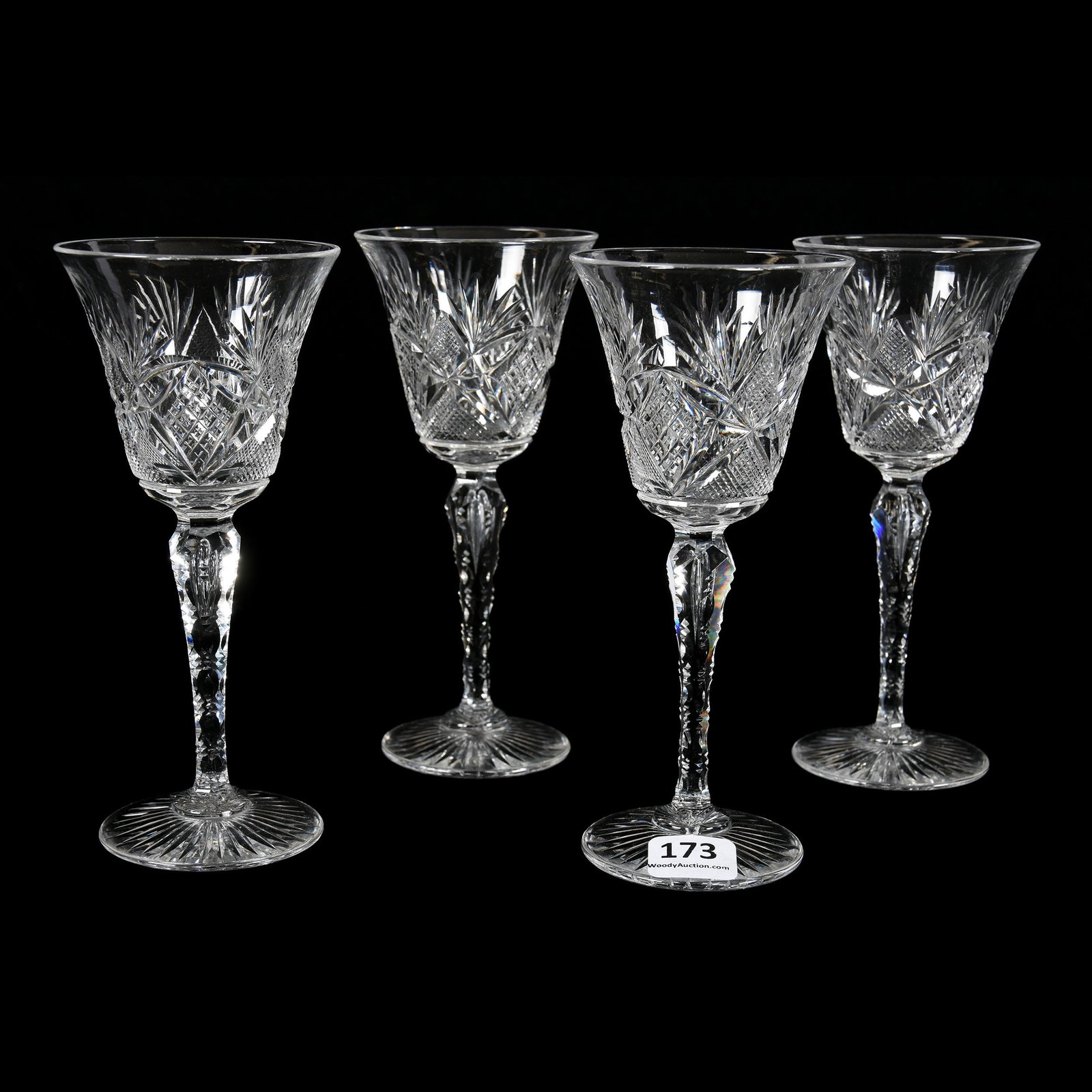 (4) Wine Stems, ABCG: (4) Wine Stems, ABCG, 6", Crosscut Diamond, Strawberry Diamond, Vesica and Fan Motif, Teardrop Notched Stem, Ray Cut Foot, Mike & Mary Ann Callahan, OK