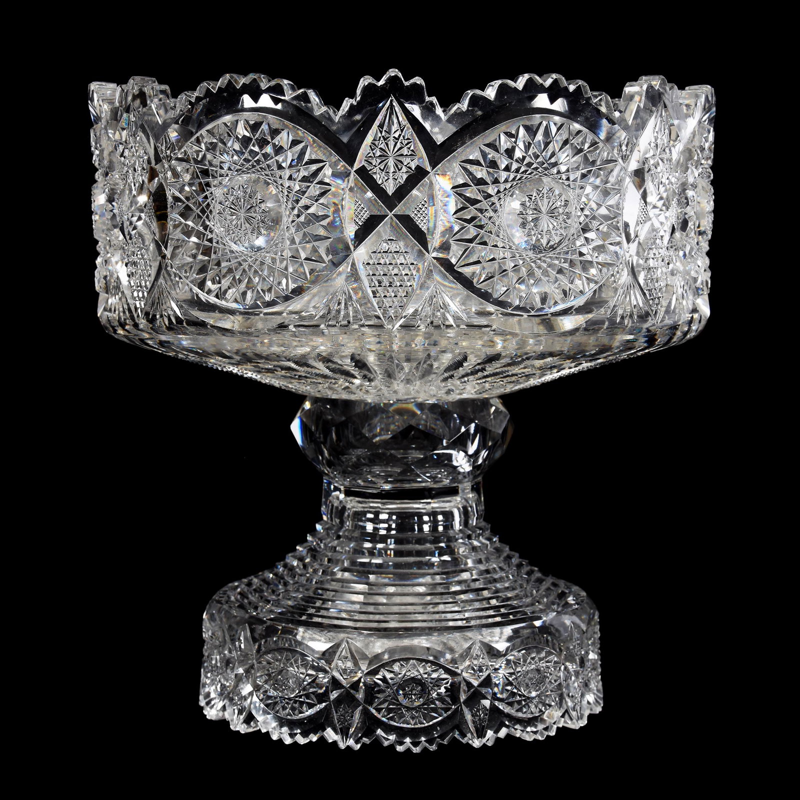 Punch Bowl, Two Part, ABCG, Shotton Cut Glass: Punch Bowl, Two Part, ABCG, Shotton Cut Glass, 10.25" X 10", Hobstar, Vesica, Nailhead Diamond and Fan Motif with Prism Highlights, Exactly as Featured in Cut Glass Advertisements Book 4, Page SHO-1, 