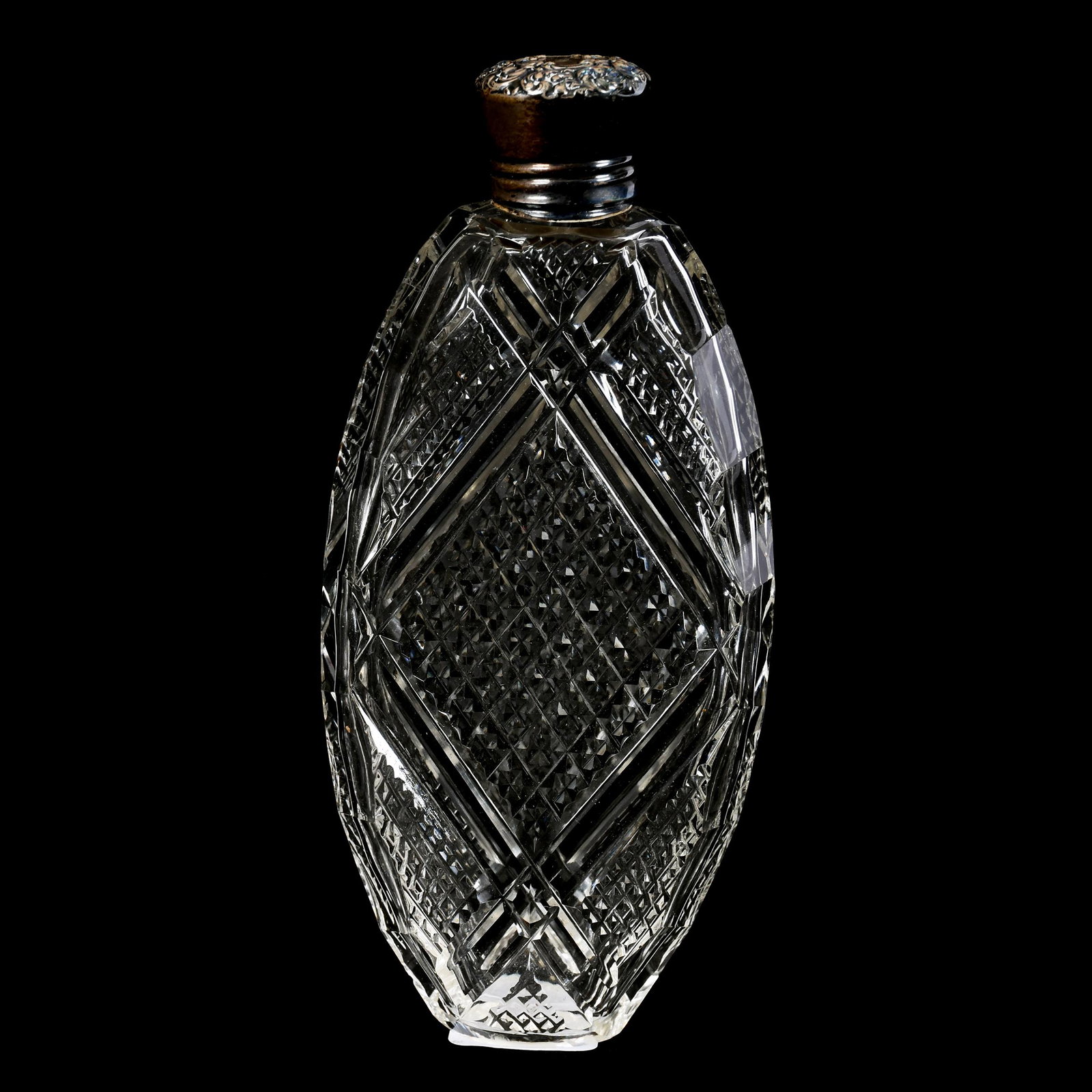 Lady's Flask, American Brilliant Cut Glass: Lady's Flask, ABCG, 5.5", Diamond and Crossed Bar Motif, Sterling Silver Twist Cap, Mike & Mary Ann Callahan, OK