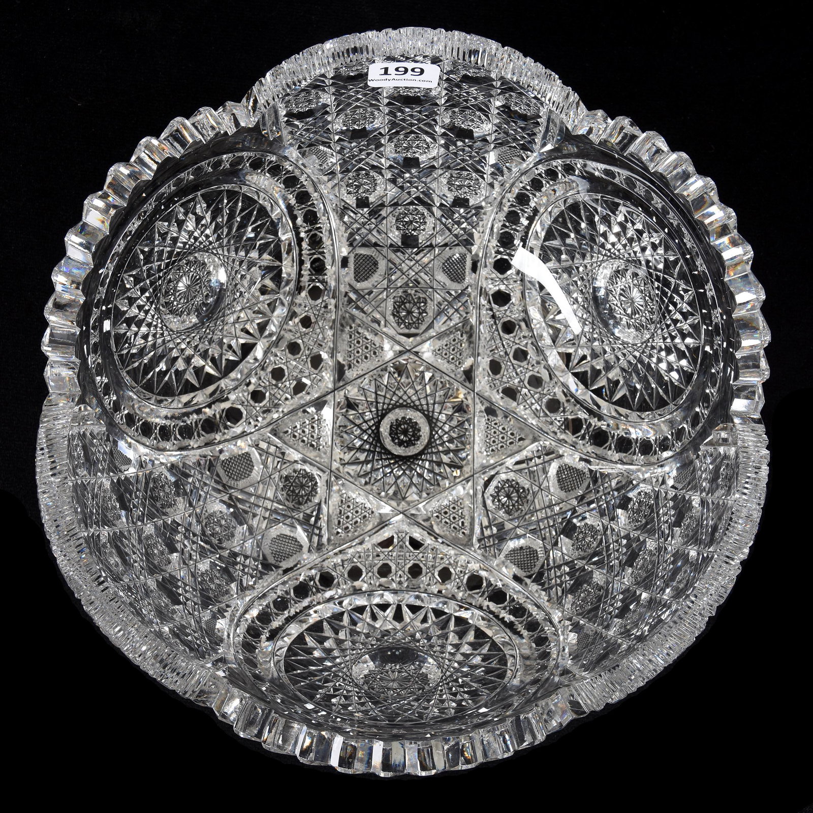 Bowl, American Brilliant Cut Glass: Bowl, ABCG, 4.25" X 9", Fantastic Fields of Triple Mitre Alternating with Circular Hobstars and Cane Highlights, Mike & Mary Ann Callahan, OK