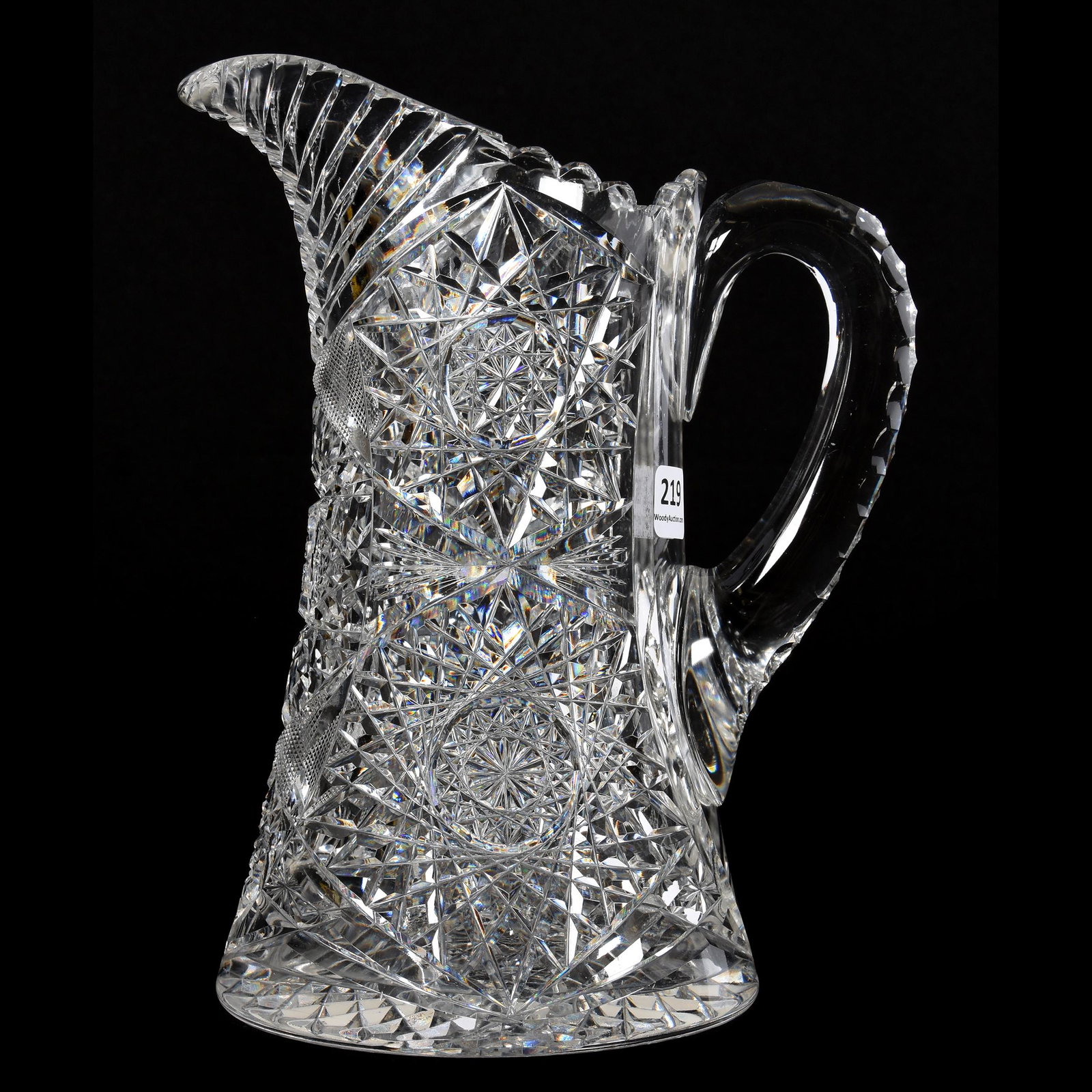 Water Pitcher, ABCG: Water Pitcher, ABCG, 9.25", Hobstar, Strawberry Diamond and Fan Motif, Hobstar Base, Triple-Notched Handle, Step Cut Spout, Chip on Rim, Mike & Mary Ann Callahan, OK
