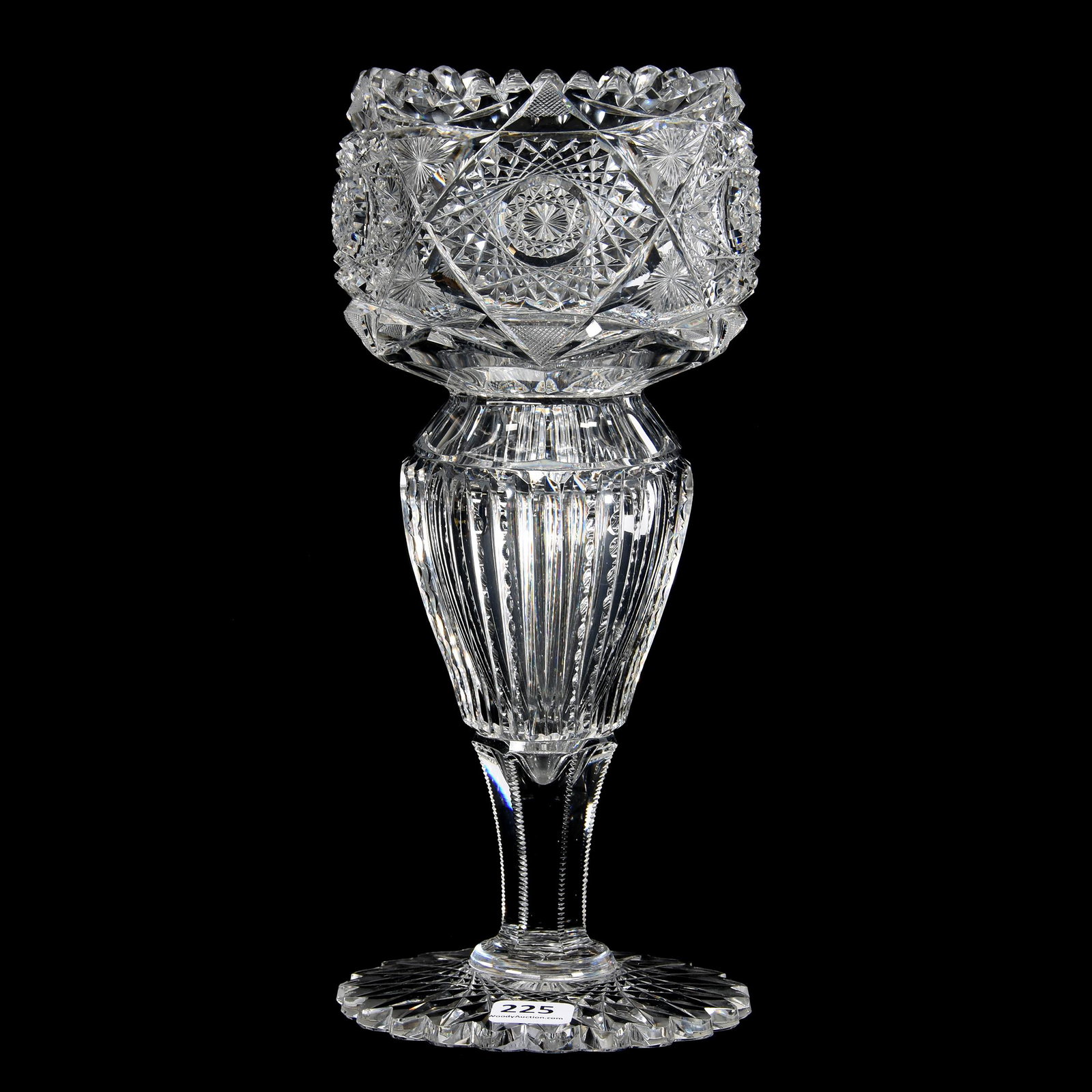 Pedestal Vase, ABCG: Pedestal Vase, ABCG, 10.5", Prism Cut Body with Hobstar and Star Border, Scalloped Hobstar Foot, Unique Form, Pattern Chip on Side of Vase, Mike & Mary Ann Callahan, OK