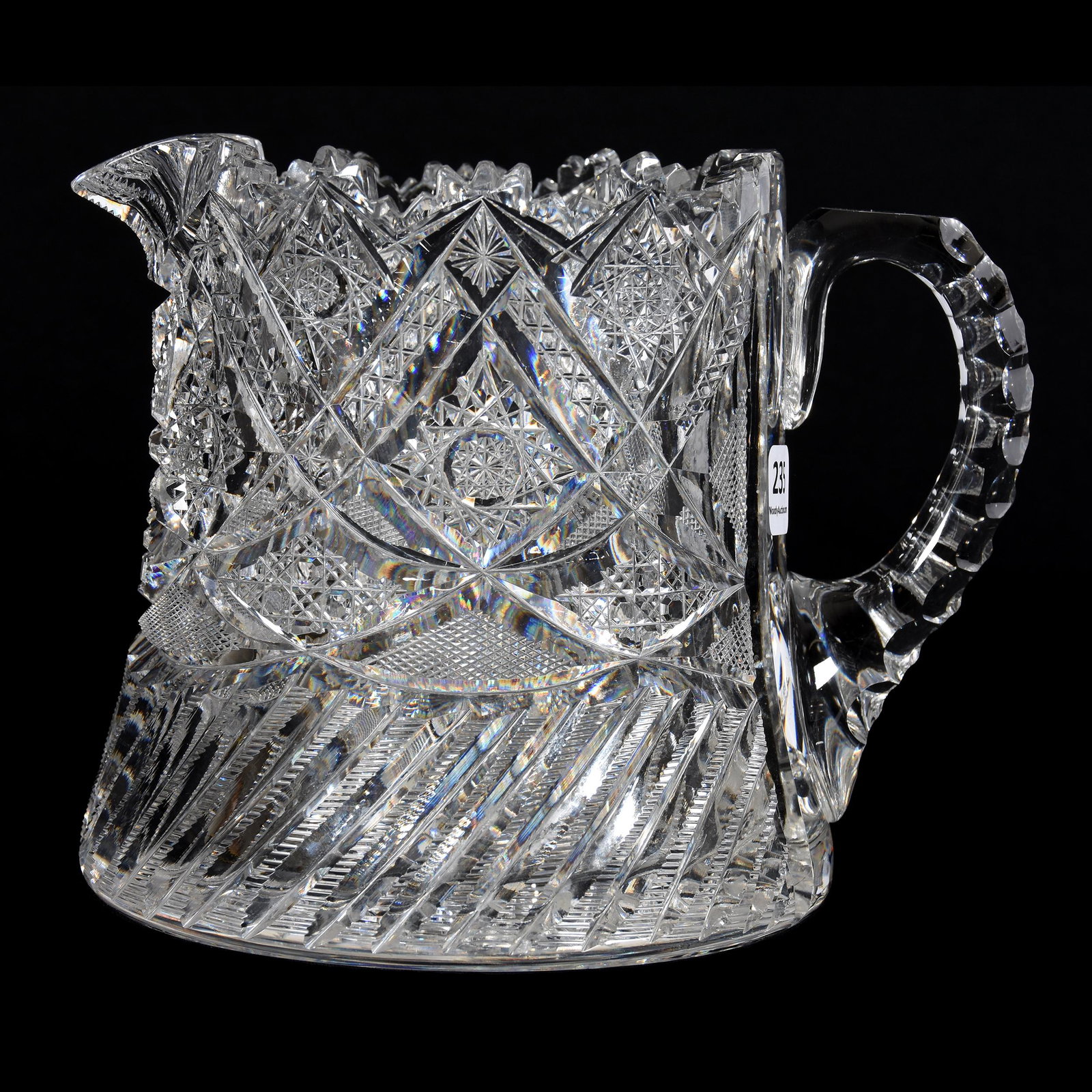 Cider Pitcher, ABCG: Cider Pitcher, ABCG, 5.75", Well-Cut Hobstar, Strawberry Diamond, Cane, Button, Prism and Star Motif, Triple-Notched Handle, Hobstar Base, Extra Heavy Blank, Mike & Mary Ann Callahan, OK