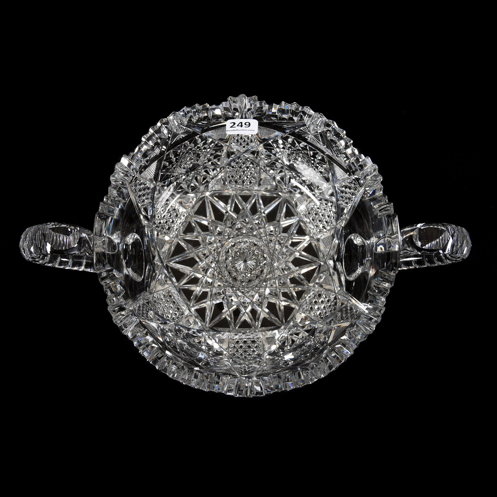 Bowl, Two Handles, ABCG: Bowl, Two Handles, ABCG, 3.75" X 8" X 12", Hobstar, Nailhead Diamond, Strawberry Diamond, Star and Fan Motif, Triple-Notched Handles, Nice Quality, Mike & Mary Ann Callahan, OK