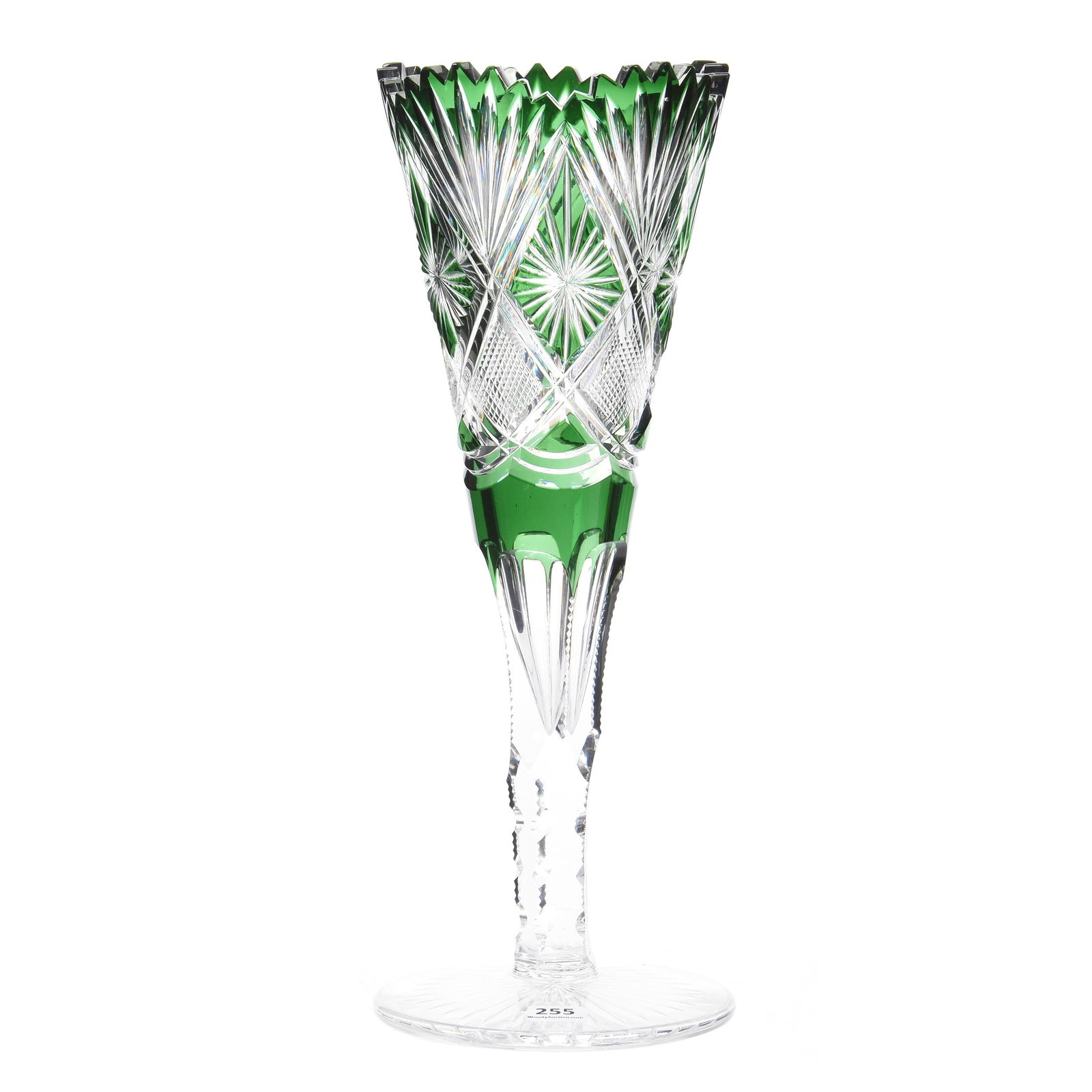 Trumpet Vase, Brilliant Period, Green Cut to Clear: Trumpet Vase, Brilliant Period, Green Cut to Clear, 14", Strawberry Diamond, Star and Fan Motif, Attributed to Val St. Lambert, Nice Quality, Mike & Mary Ann Callahan, OK