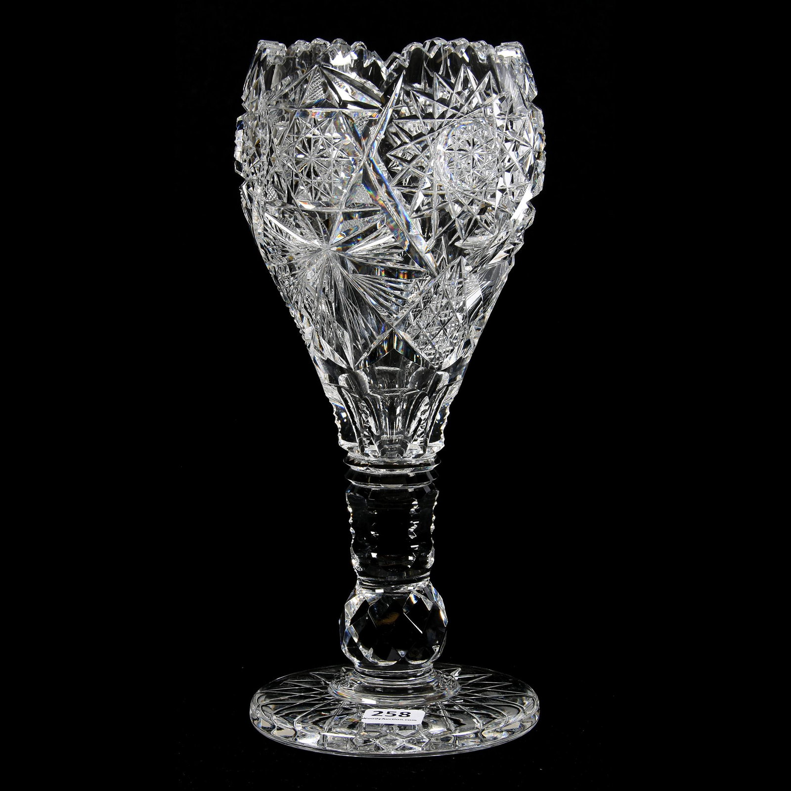 Chalice Vase, ABCG: Chalice Vase, ABCG, 10.25", Hobstar, Crosscut Diamond and Fan Motif, Facet Cut Ball Stem, Hobstar Foot, Mike & Mary Ann Callahan, OK