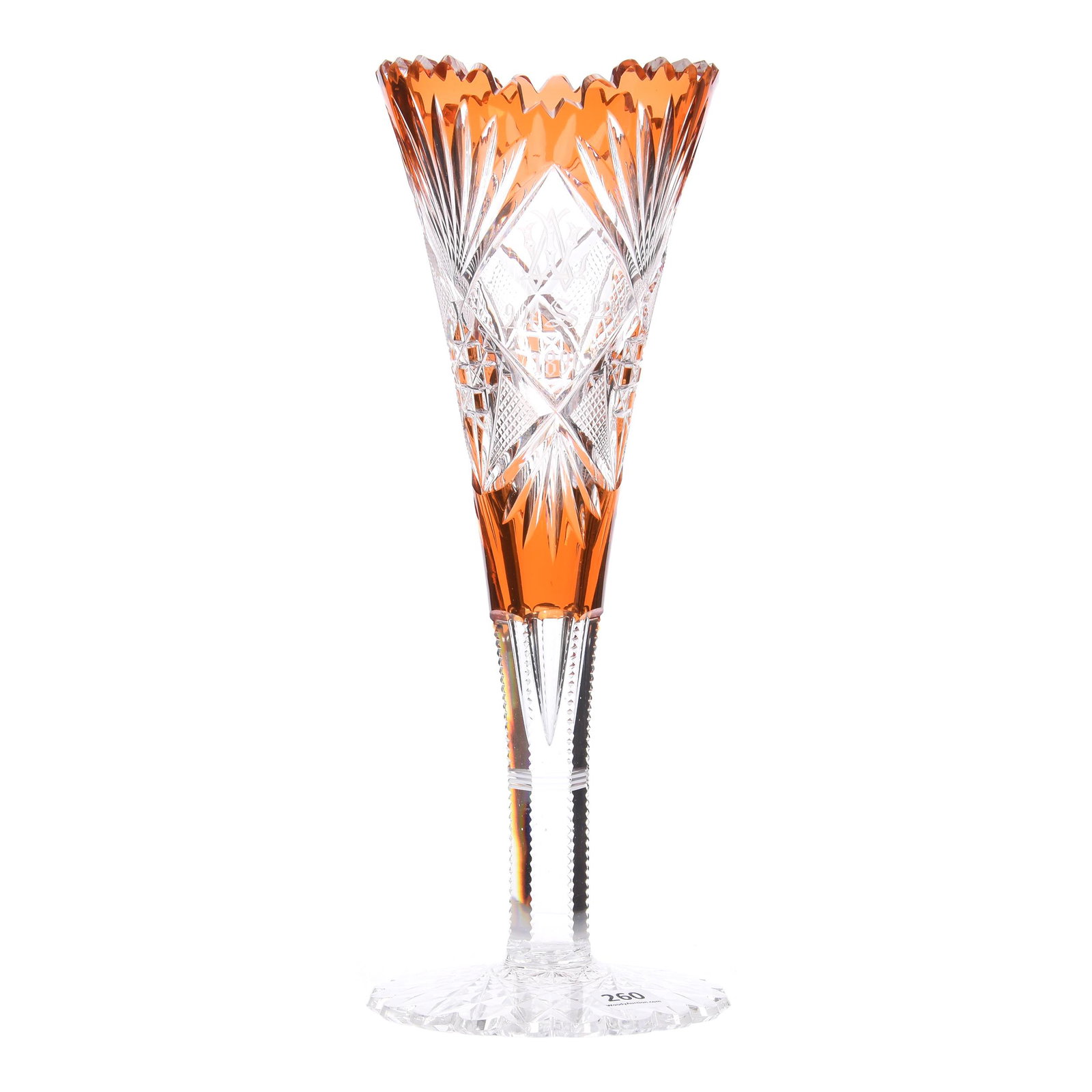 Trumpet Vase, brilliant period, Tangerine Cut to Clear: Trumpet Vase, ABCG, Tangerine Cut to Clear, 12", Everett Pattern by Val St. Lambert, Clear Engraved Panel with Monogram Dated 1896, Scalloped Hobstar Foot, Mike & Mary Ann Callahan, OK