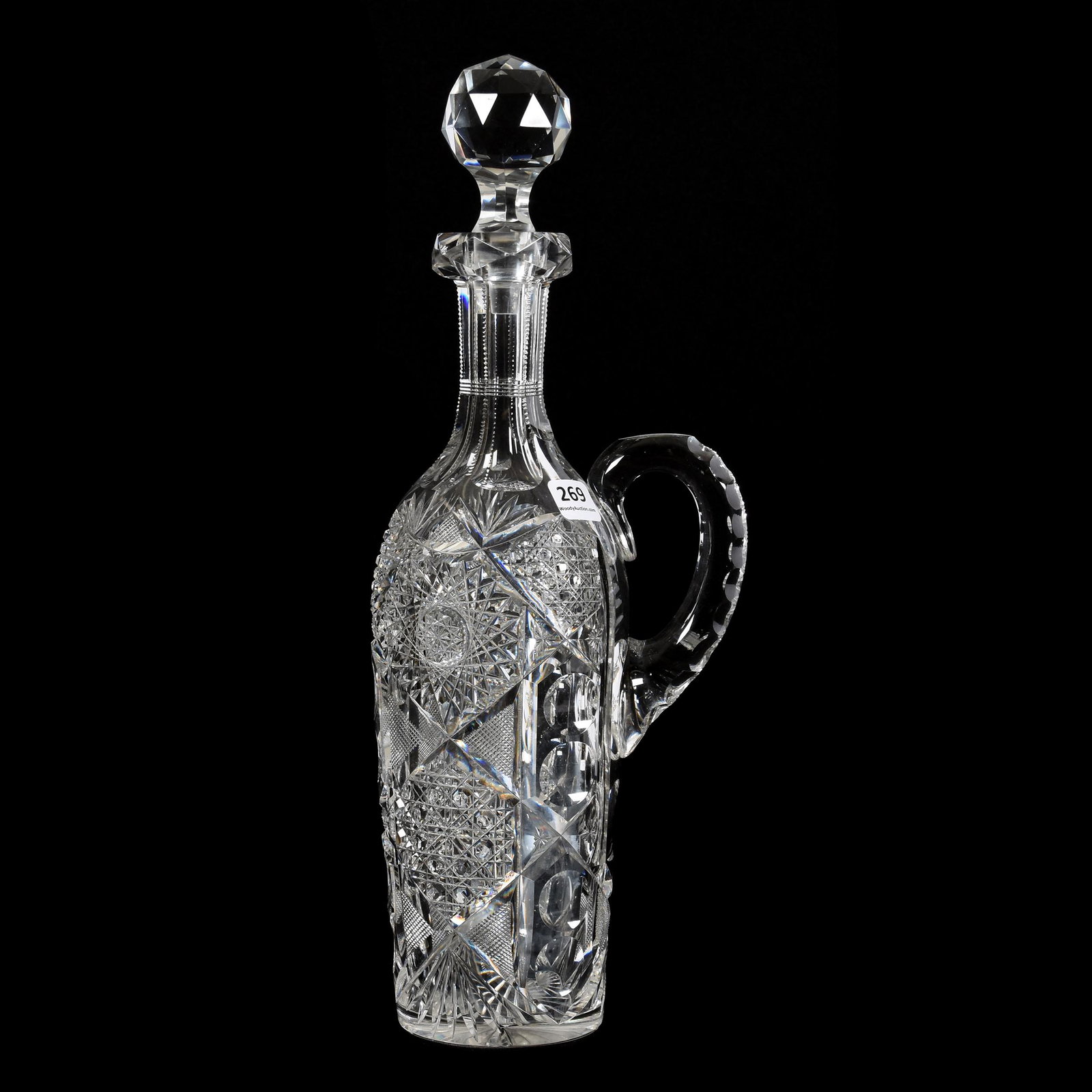 Handled Whiskey Decanter, ABCG: Handled Whiskey Decanter, ABCG, 14.25", Hobstar, Cane, Bullseye, Strawberry Diamond and Fan Motif, Double Notched Crosshatch Handles, Ray Cut Base, Mike & Mary Ann Callahan, OK