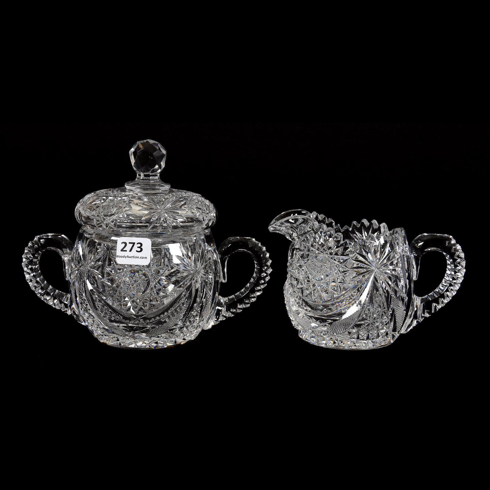 Creamer & Covered Sugar, ABCG, Richmond by Straus: Creamer & Covered Sugar, ABCG, Richmond by Straus, AKA Drape Pattern, Triple-Notched Handles, Hobstar Base, Pattern Cut Lid, Mike & Mary Ann Callahan, OK