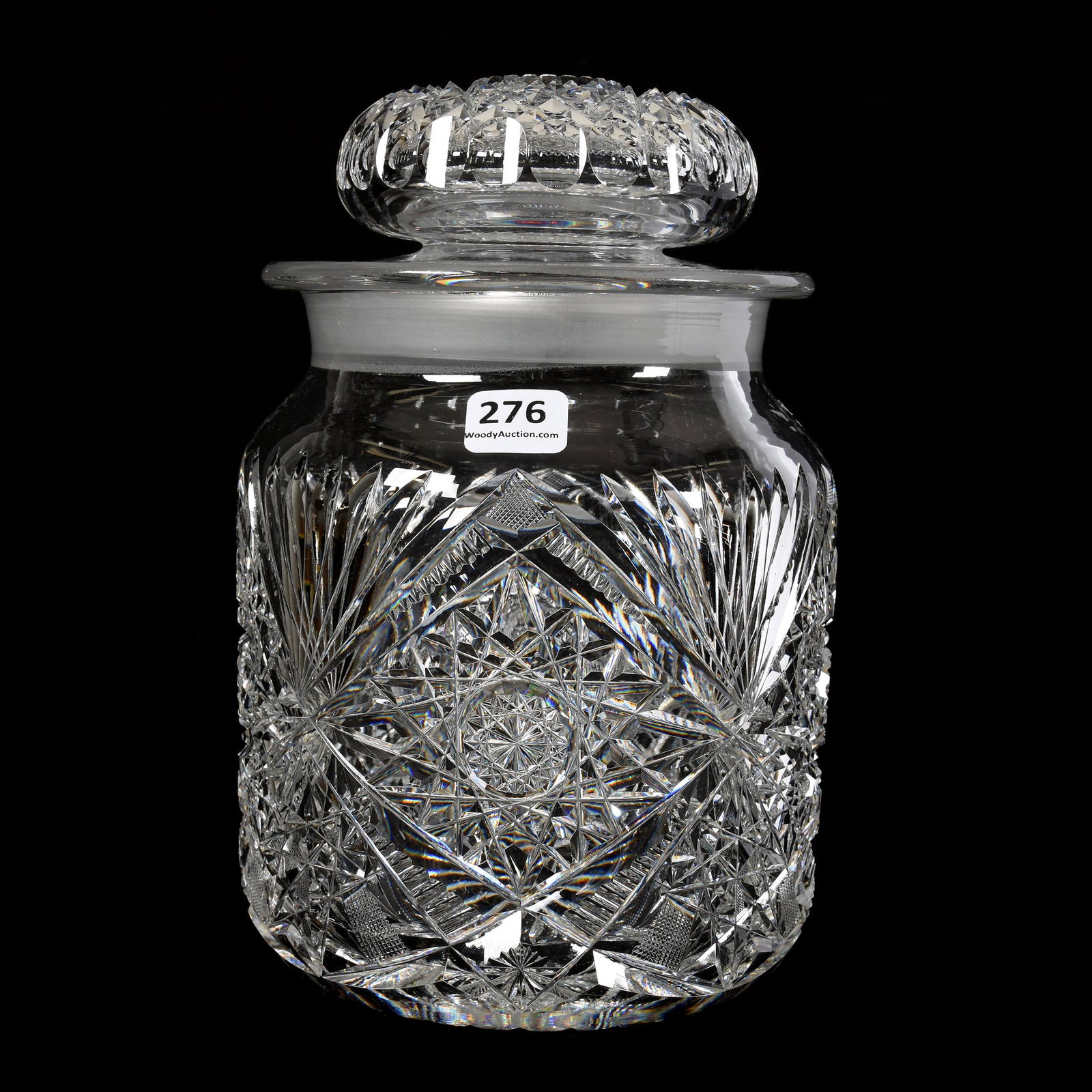 Humidor, American Brilliant Cut Glass: Humidor, ABCG, 8.5" X 5.5", Hobstar, Strawberry Diamond, Zipper and Fan Motif, Large Hobstar Lid, Very Clear Blank, Mike & Mary Ann Callahan, OK