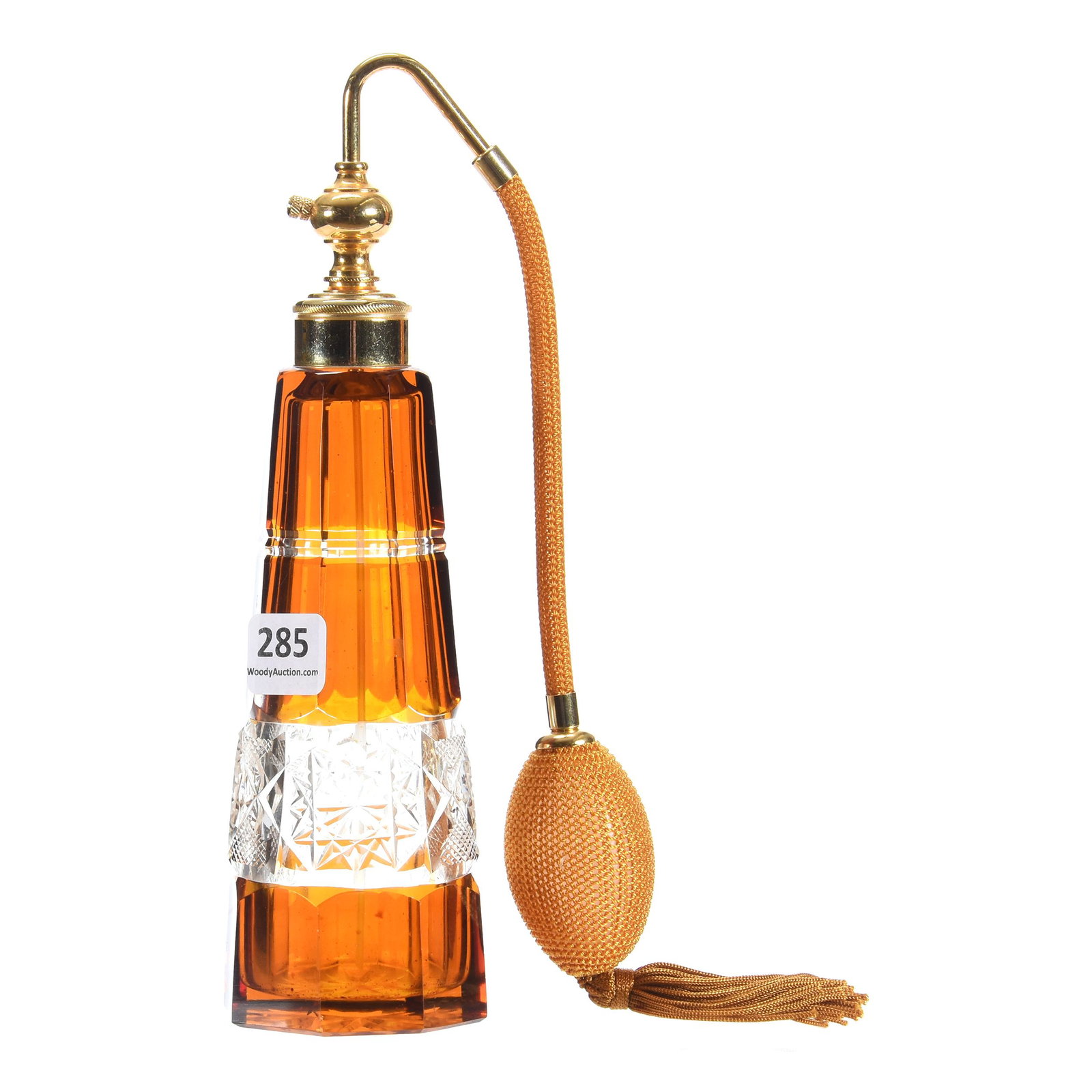 Perfume Atomizer, Cut Glass, Amber to Clear: Perfume Atomizer, Cut Glass, Amber to Clear, 8.25", Hobstar and Strawberry Diamond Motif, Mike & Mary Ann Callahan, OK