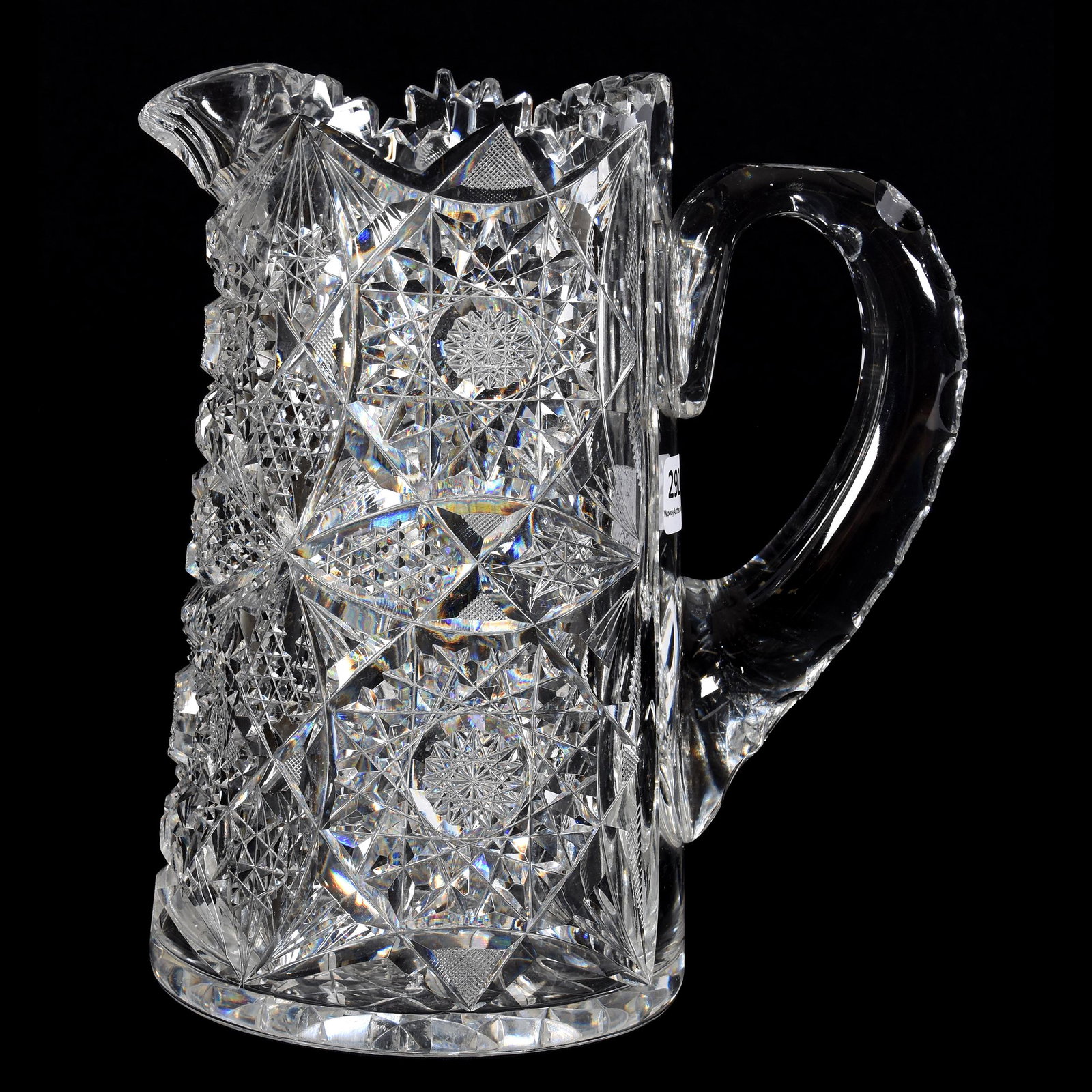 Water Pitcher, ABCG: Water Pitcher, ABCG, 8.5", Hobstar, Vesica, Nailhead Diamond and Fan Motif, Double Notched Crosshatch Handles, Hobstar Base, Nice Quality, Mike & Mary Ann Callahan, OK