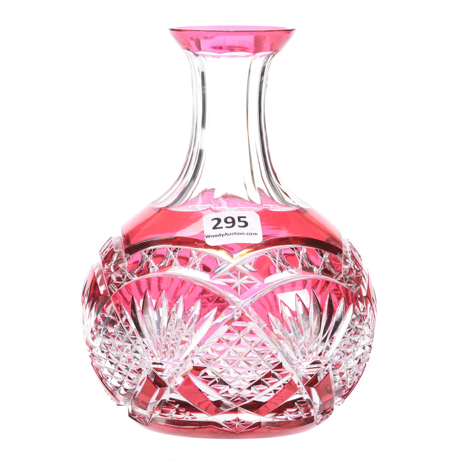 Carafe, Brilliant Period, Cranberry Cut to Clear: Carafe, Brilliant Period, Cranberry Cut to Clear, 6.25", Diamond, Bar, Fan, Button and Star Motif, Ray Cut Base, Attributed to Val St. Lambert, Mike & Mary Ann Callahan, OK