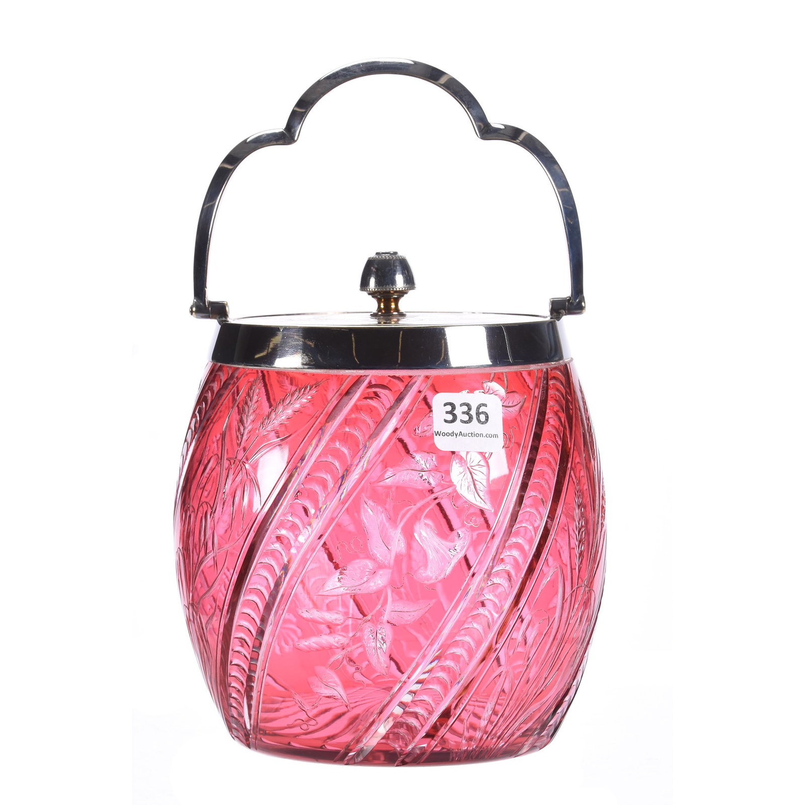 Biscuit Jar, Brilliant Period Cranberry Cut to Clear: Biscuit Jar, Brilliant Period Cranberry Cut to Clear, 6", Attributed to Stevens & Williams, Swirled Panels of Engraved Wheat and Ivy Decor, Silverplate Lid and Bail, Ray Cut Base, Nice Quality, Mike &