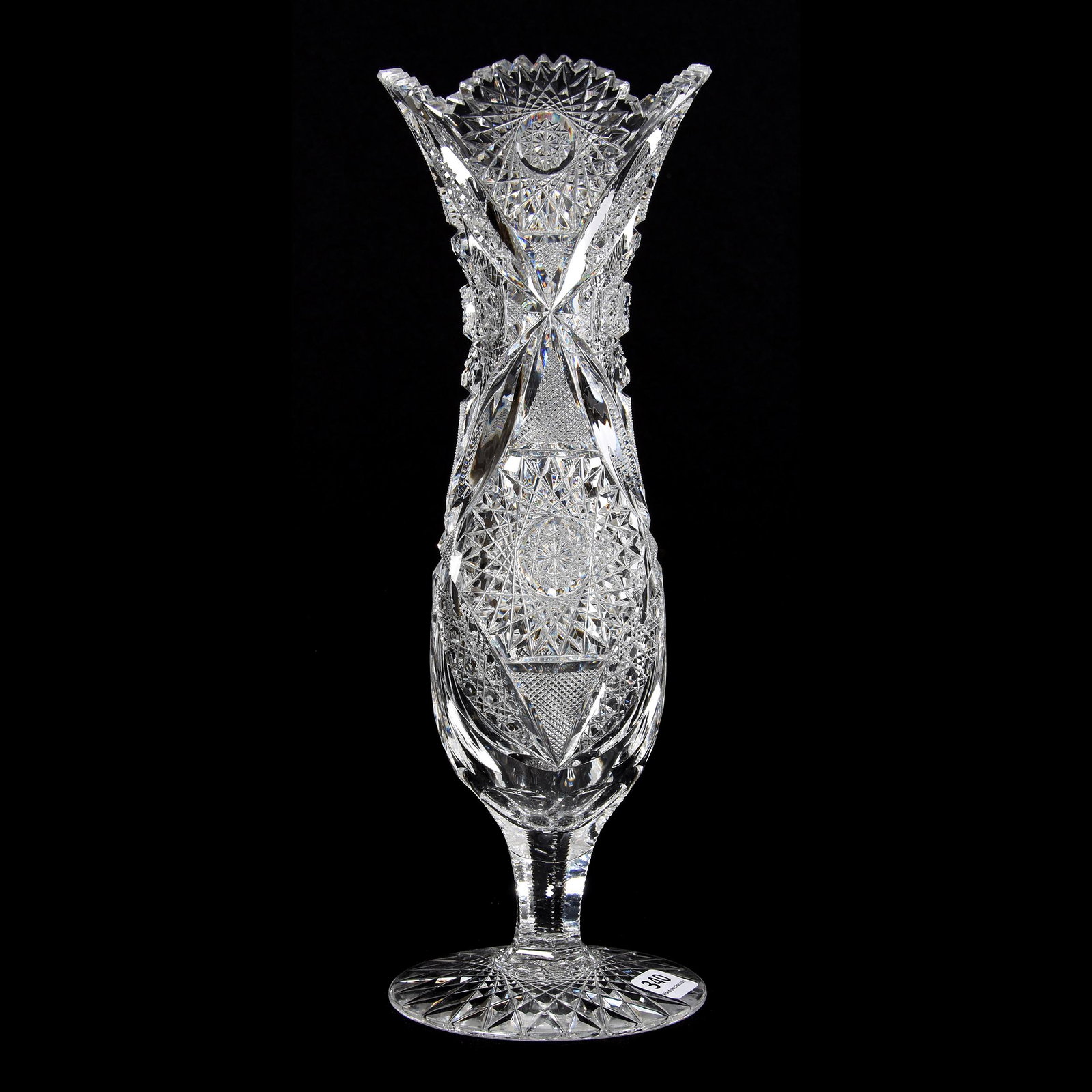 Pedestal Vase, American Brilliant Cut Glass: Pedestal Vase, ABCG, 12", Hobstar, Strawberry Diamond, Cane, Vesica, Clear Tusk and Fan Motif, Hobstar Foot, Quality Blank, One Small Outside Tooth Chip, Mike & Mary Ann Callahan, OK