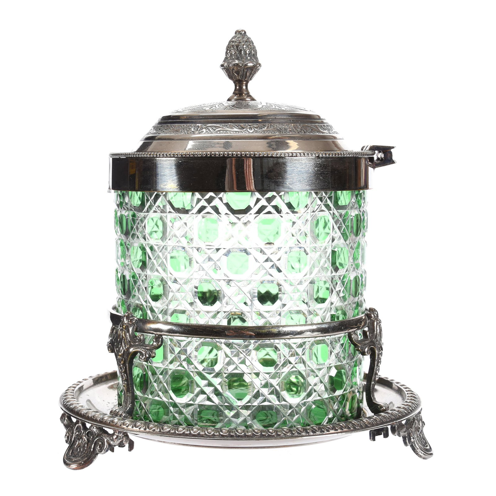 Biscuit Jar, Brilliant Period, Green Cut to Clear: Biscuit Jar, Brilliant Period, Green Cut to Clear, 7.75", Cane Pattern Jar with Ray Cut Base, Set on English Silverplate Stand, Silverplate Hinged Lid with Finial, Nice Quality, Mike & Mary Ann Callah
