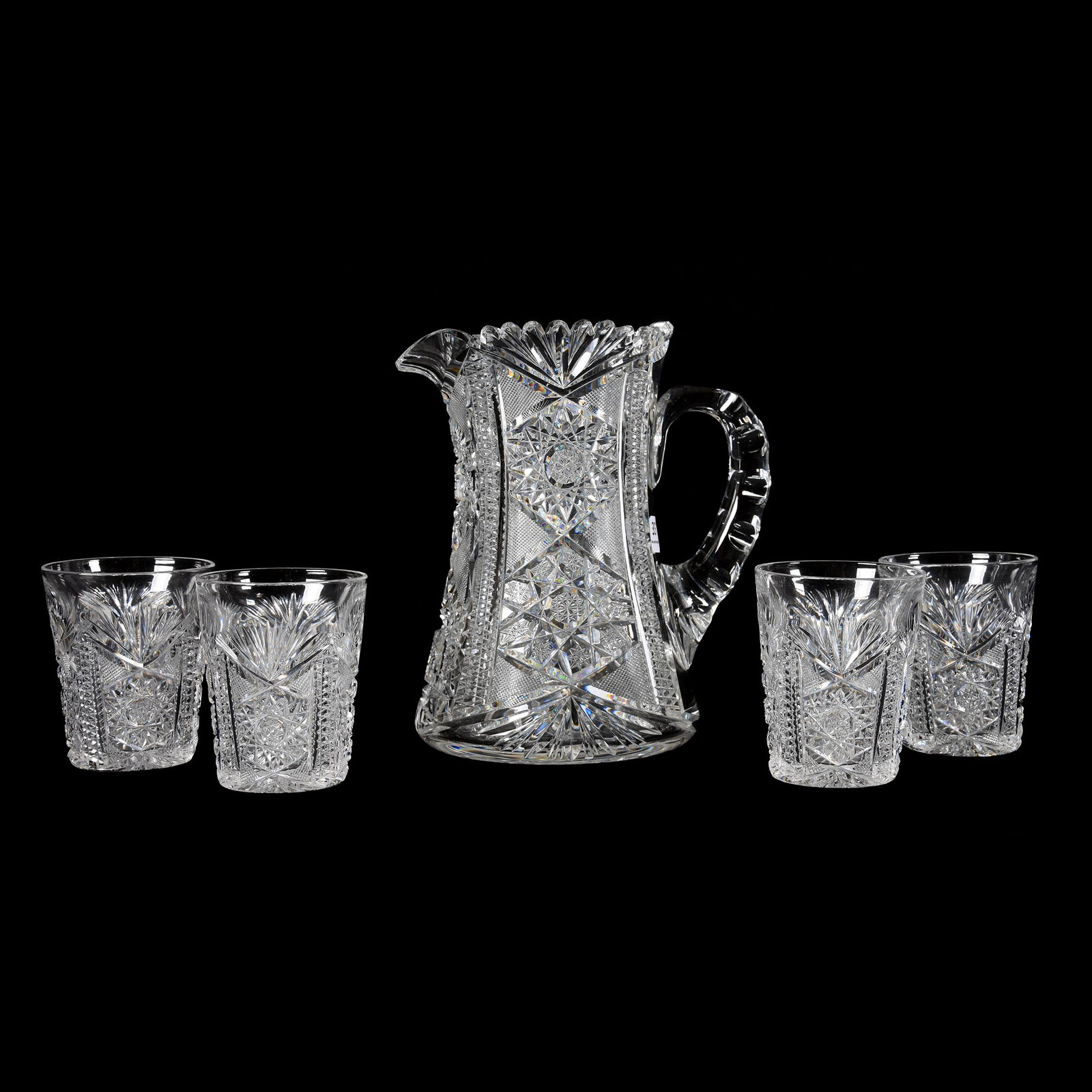 Water Set, ABCG, Columbia Pattern by Blackmer: Water Set, ABCG, Columbia Pattern by Blackmer, 8" Pitcher with Hobstar Base, (4) Matching 3.5" Tumblers with Ray Cut Base, Great Set, Mike & Mary Ann Callahan, OK