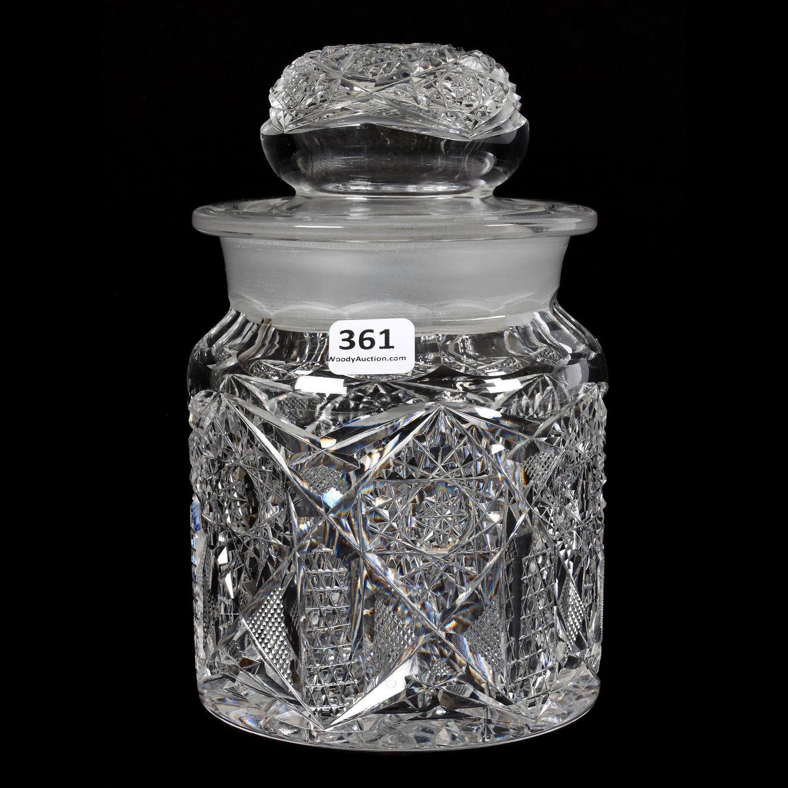 Humidor, American Brilliant Cut Glass: Humidor, ABCG, 7.25" X 4.5", Hobstar, Strawberry Diamond and Nailhead Diamond Motif, Pattern Cut Stopper, Hobstar Base, Mike & Mary Ann Callahan, OK