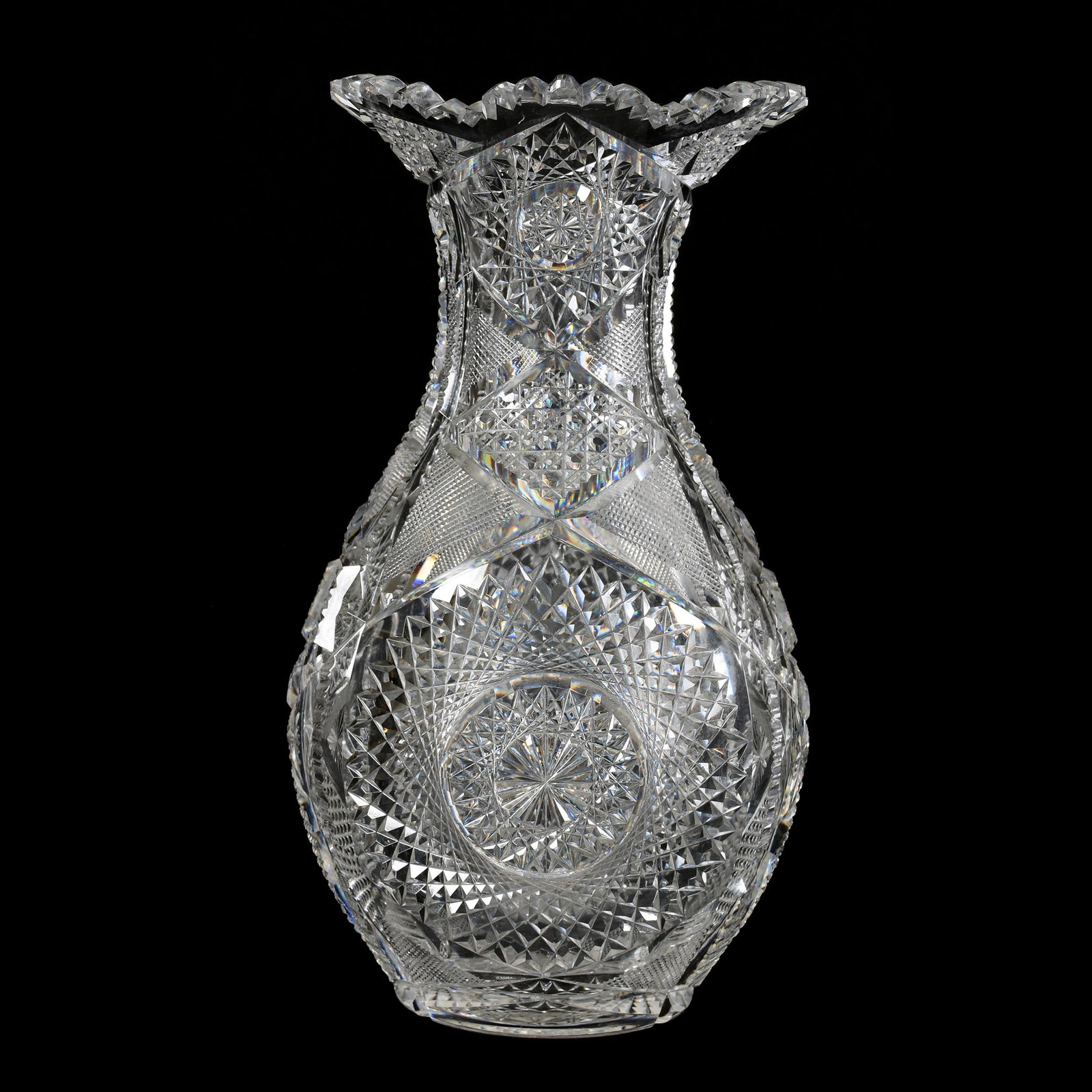 Vase, American Brilliant Cut Glass: Vase, ABCG, 11.75", Hobstar, Cane, Nailhead Diamond, Strawberry Diamond, Star and Zipper Motif, Hobstar Base, One Tooth with Slanted Chip, Mike & Mary Ann Callahan, OK
