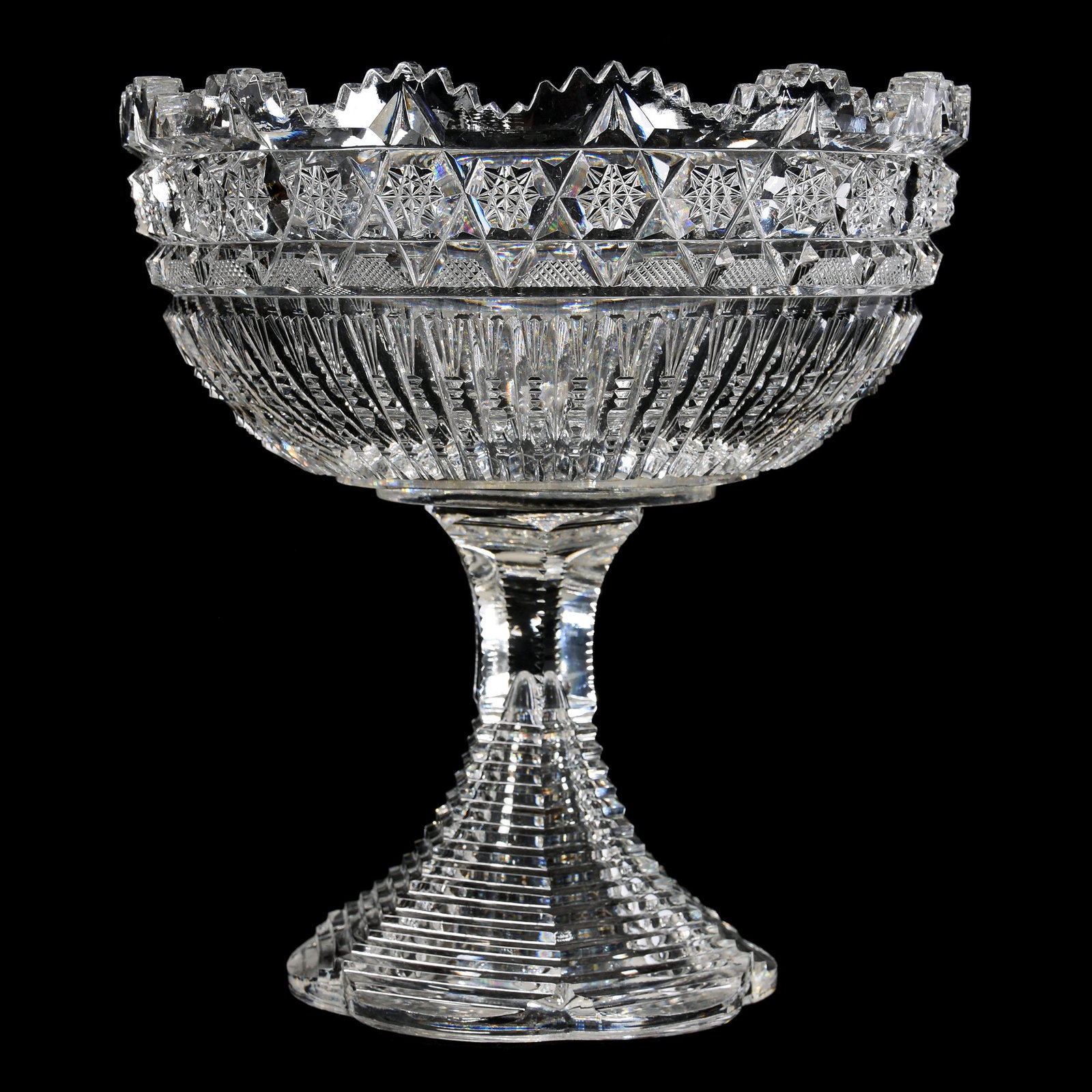 Pedestal Fruit Bowl, ABCG: Pedestal Fruit Bowl, ABCG, 8.5" X 8", Hobstar Chain with Prism Motif, Step Cut Petticoat Foot, Clear Blank, Mike & Mary Ann Callahan, OK
