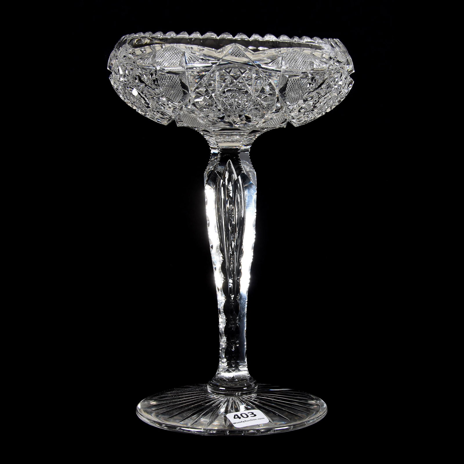 Compote, American Brilliant Cut Glass: Compote, ABCG, 9.25" X 5.75", Hobstar and File Motif, Teardrop Notched Stem, Ray Cut Foot, Rolled Rim, Mike & Mary Ann Callahan, OK