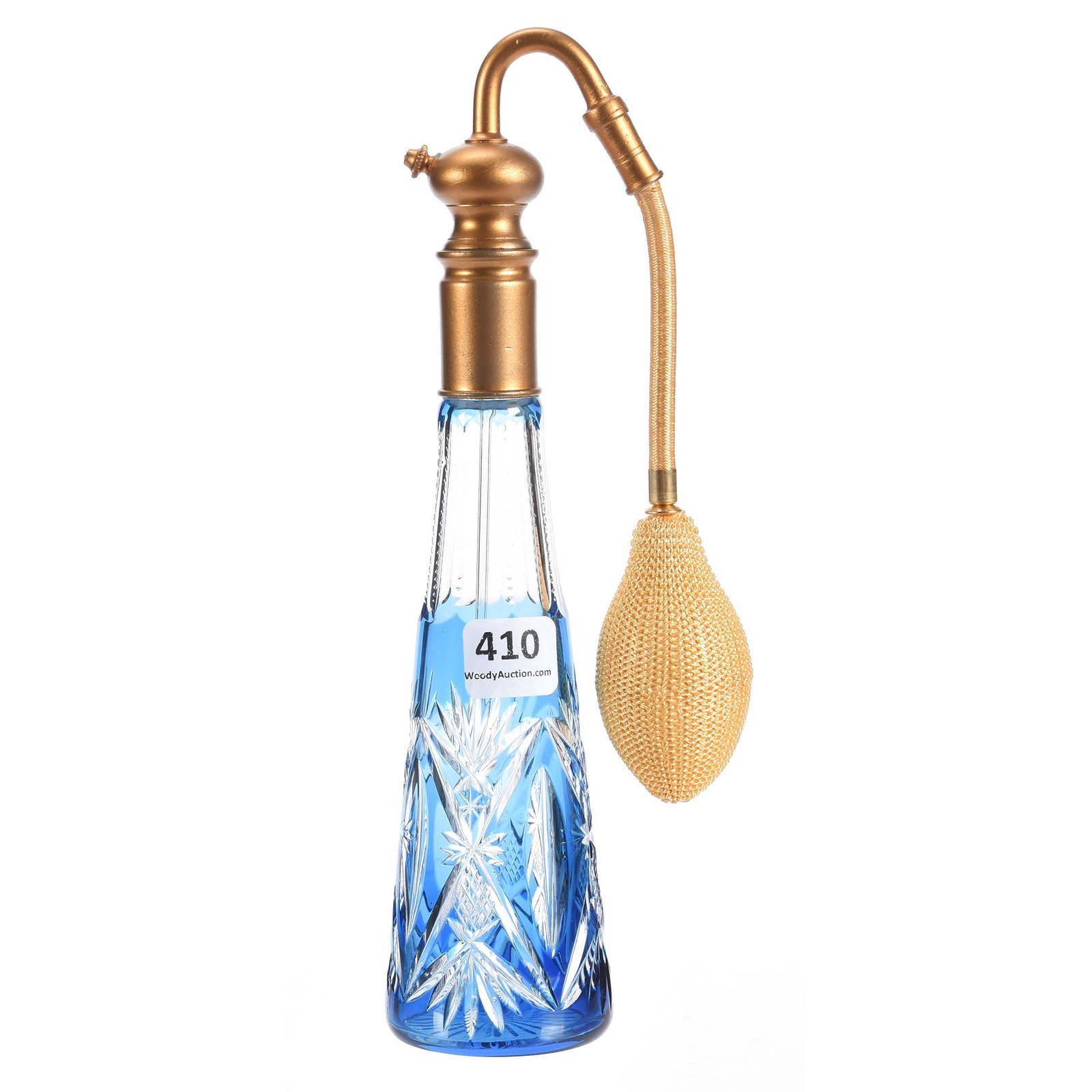 Perfume Atomizer, Brilliant Period, Blue to Clear: Perfume Atomizer, Brilliant Period, Blue to Clear, 9", Clear Vesica, Strawberry Diamond and Fan Motif, Mike & Mary Ann Callahan, OK