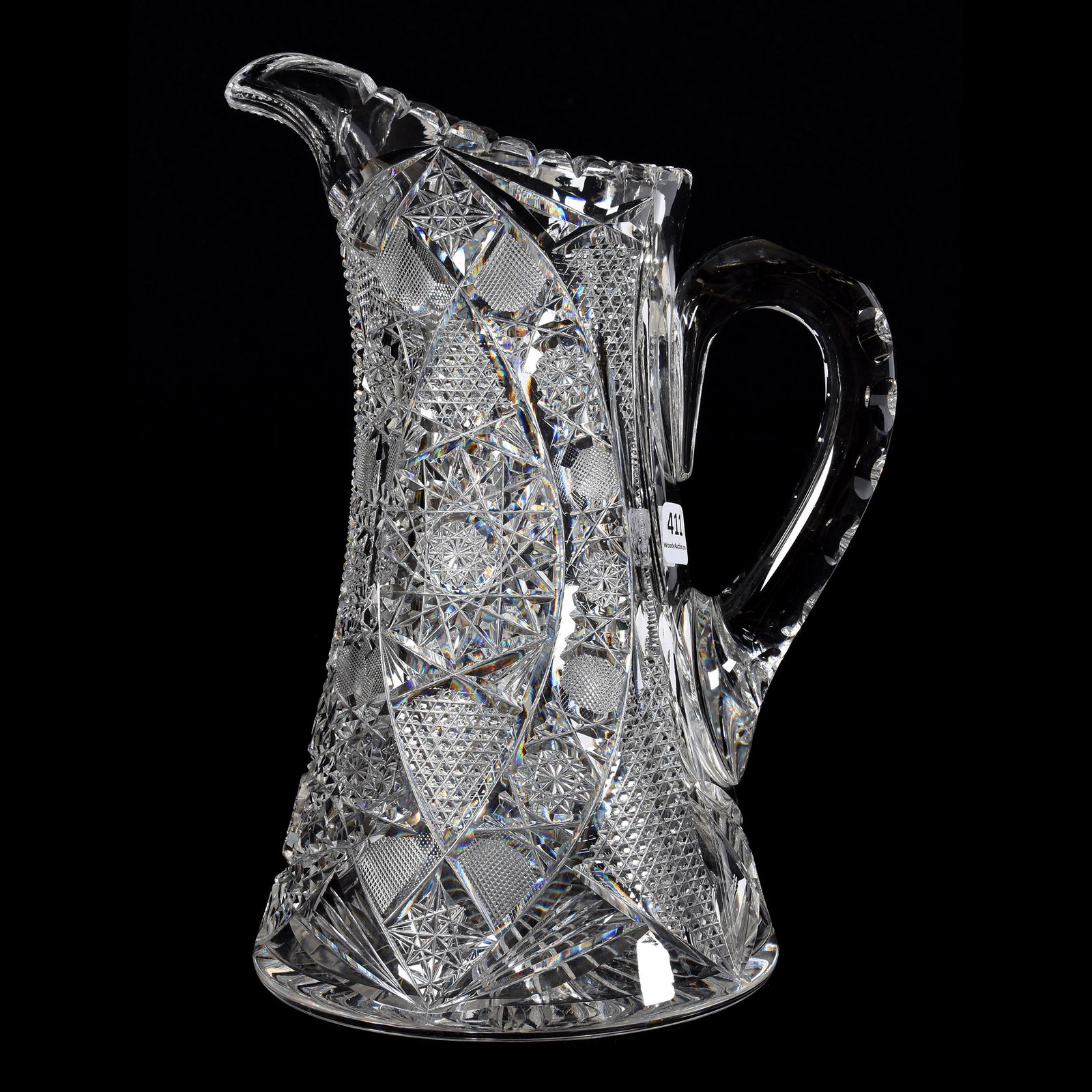 Water Pitcher, ABCG: Water Pitcher, ABCG, 10.75", Hobstar, Vesica, Nailhead Diamond, Strawberry Diamond and Fan Motif, Double Notched Handle, Ray Cut Base, Clear Blank, Mike & Mary Ann Callahan, OK