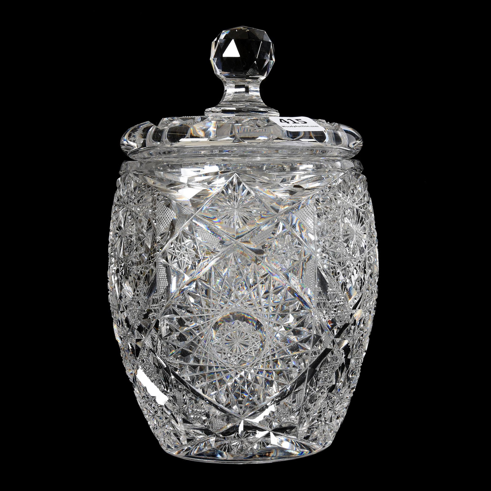 Biscuit Jar, American Brilliant Cut Glass: Biscuit Jar, ABCG, 8" X 5", Hobstar, Cane, Crossed Bars, Strawberry Diamond and Star Motif, Pattern Cut Lid, Ray Cut Base, Clear Blank, Mike & Mary Ann Callahan, OK