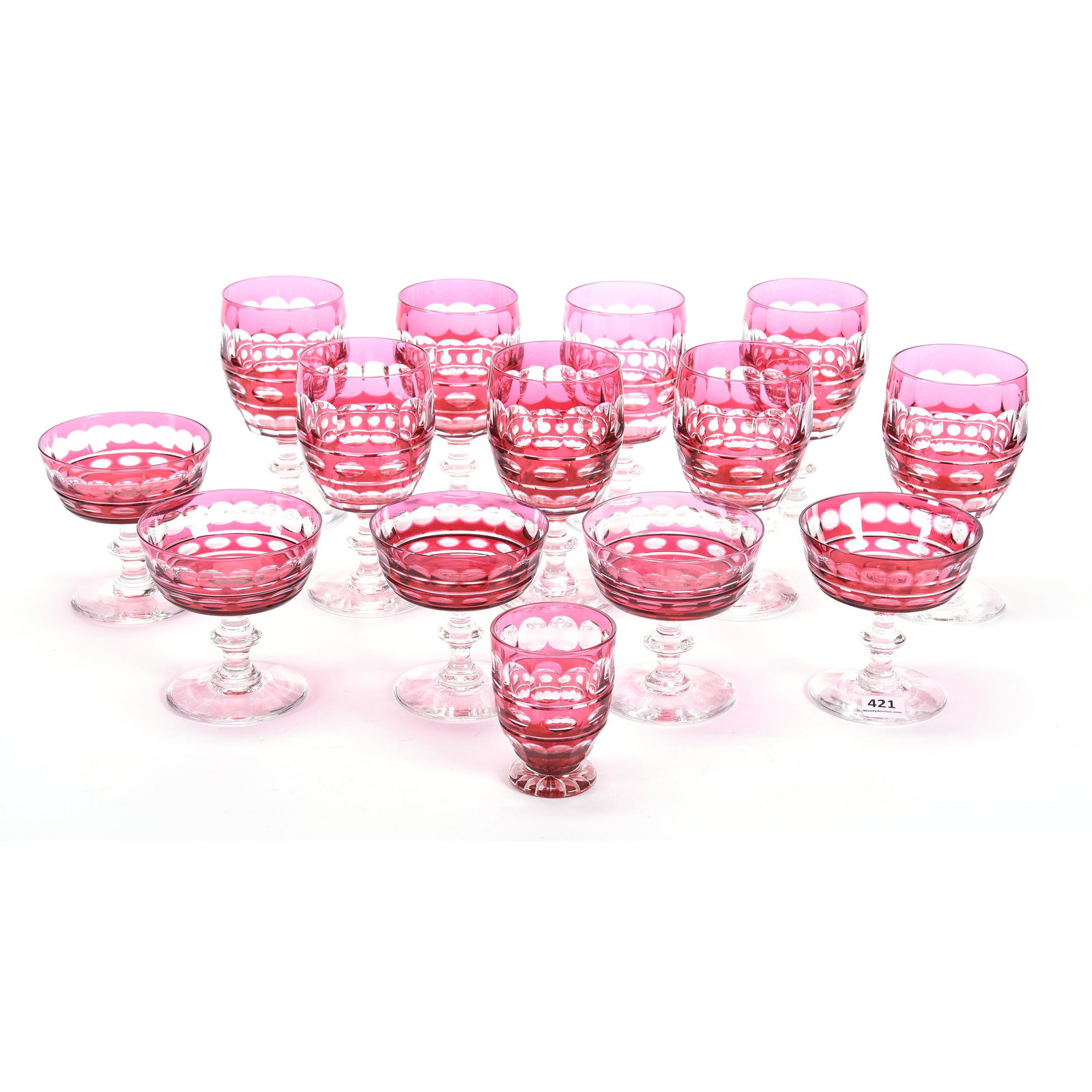 (14) Stems, Brilliant Period, Cranberry Cut to Clear: (14) Stems, Brilliant Period, Cranberry Cut to Clear, Punty Motif, Includes (8) 5.75" Water Goblets, (5) 4" Sherbets, One has Chips on Foot, (1) 3.25" Whiskey Tumbler, Val St. Lambert, Mike & Mary Ann