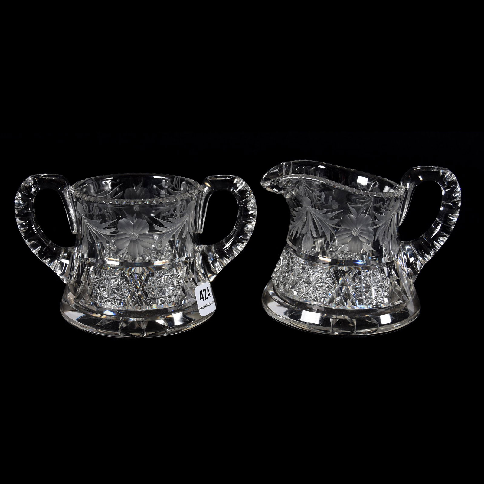 Creamer & Sugar, ABCG, Signed Tuthill Cosmos Pattern: Creamer & Sugar, ABCG, Signed Tuthill Cosmos Pattern, Double Notched Handles, Ray Cut Base, Mike & Mary Ann Callahan, OK