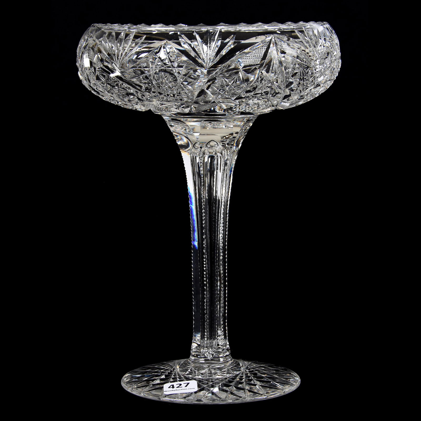 Compote, American Brilliant Cut Glass: Compote, ABCG, 9.75" X 7", Hobstar, Vesica, Strawberry Diamond and Fan Motif, Airtrap Notched Stem, Hobstar Foot, Rolled Rim, Mike & Mary Ann Callahan, OK
