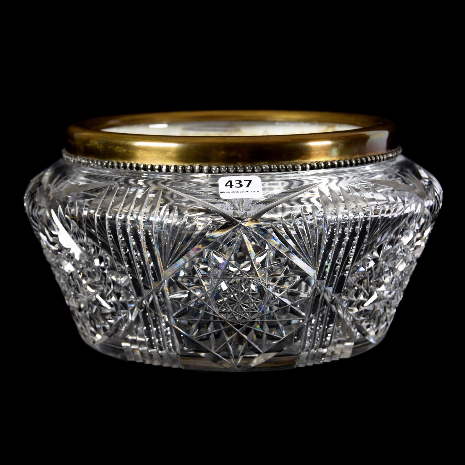 Ferner, American Brilliant Cut Glass: Ferner, ABCG, 5" X 10", Hobstar, Prism and Fan Motif by C.F. Monroe, Uncut Base, Silverplate Rim, Mike & Mary Ann Callahan, OK