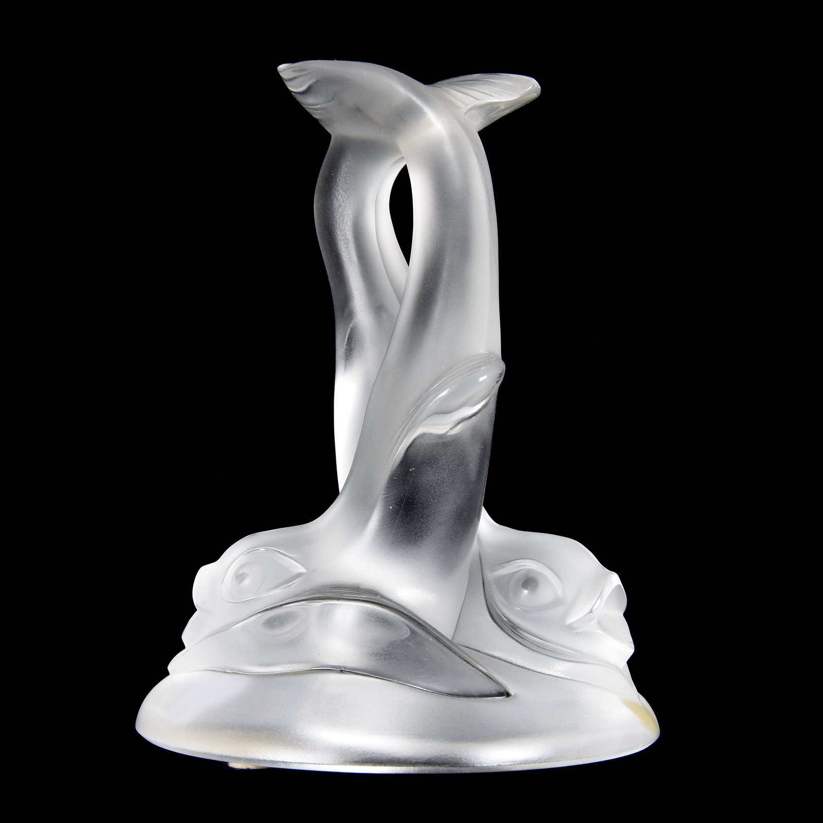 Figure Signed Lalique France, Two Dolphin/Koi Fish: Figure Signed Lalique France, Two Dolphin/Koi Fish, 5.5" x 4.25", Script Signature, from the estate of Ronald W. Prielipp PHD, Salina, KS. Ron was a professor of mathematics at Bethany College, Lindsb
