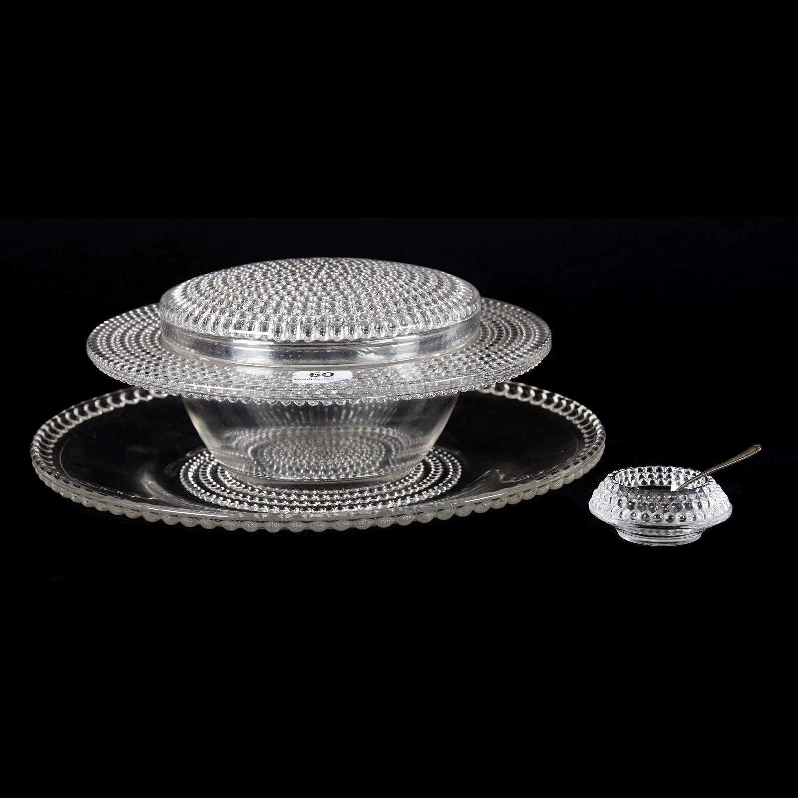 (3) Items Signed R. Lalique, Nippon Pattern: (3) Items Signed R. Lalique, Nippon Pattern, (1) 9.25" Plate, (1) 3.5" x 7.5" Covered Box, (1) 2.25" Salt Dip with Sterling Spoon, from the estate of Ronald W. Prielipp PHD, Salina, KS. Ron was a prof