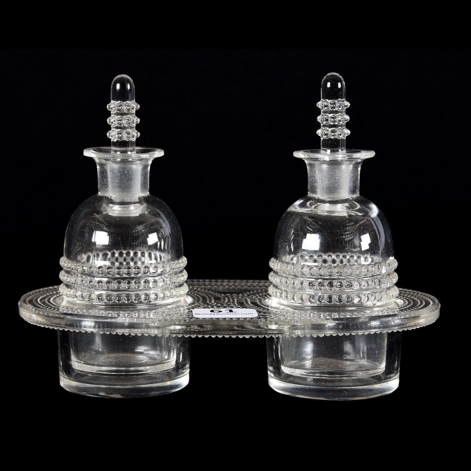Oil & Vinegar Set Marked R. Lalique, Nippon Pattern: Oil & Vinegar Set Marked R. Lalique, Nippon Pattern, 4.5" x 6", (2) Removeable Bottles with Matching Stoppers, Nice Set, from the estate of Ronald W. Prielipp PHD, Salina, KS. Ron was a professor of m