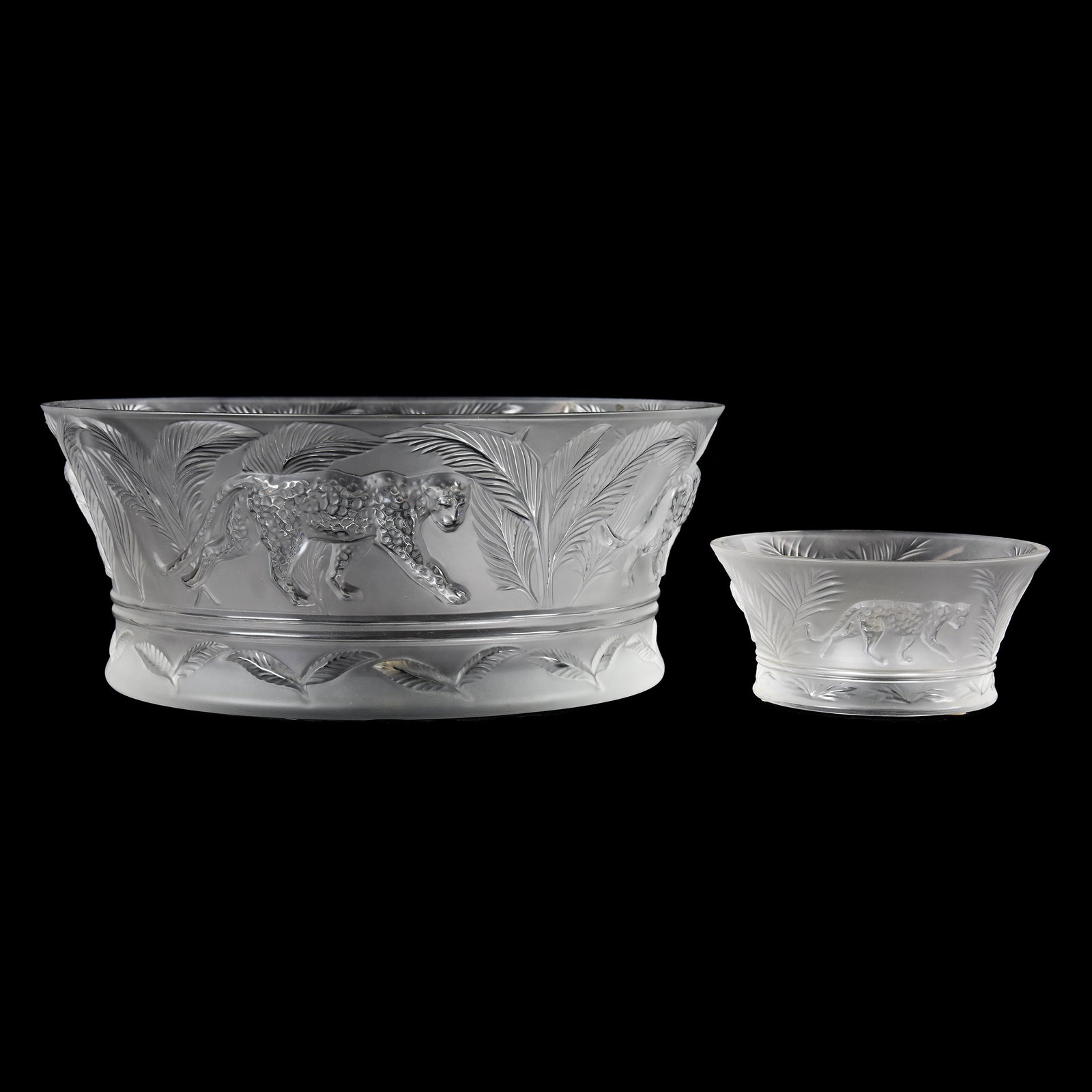 Console Set Signed Lalique France, Jaguar Jungle: Console Set Signed Lalique France, Jaguar Jungle, (1) 4" x 9.75" Center Bowl, (1) 2.25" x 4.5" Candle Holder, Script Signature, from the estate of Ronald W. Prielipp PHD, Salina, KS. Ron was a profess