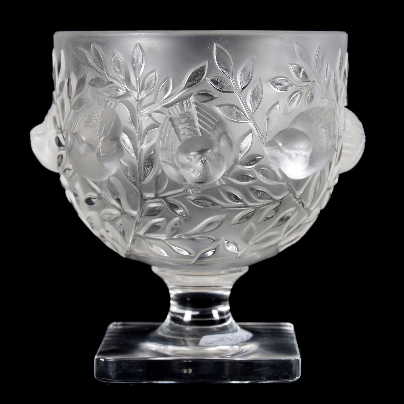 Pedestal Vase Signed Lalique France, Elizabeth: Pedestal Vase Signed Lalique France, ElizaElizabeth, 5.25" x 4.75", Bird and Vine Design, Square Base, Script Signature, from the estate of Ronald W. Prielipp PHD, Salina, KS. Ron was a professor of m