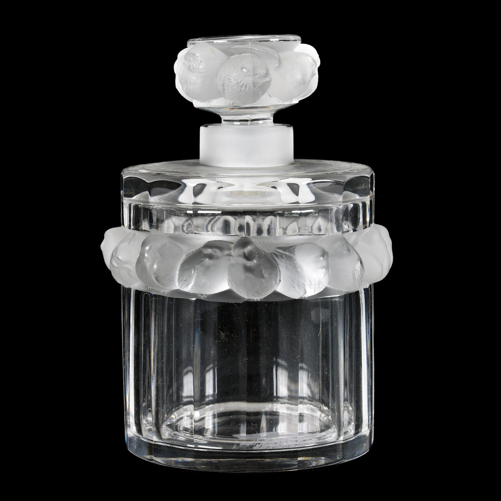 Perfume Bottle Signed Lalique France, Robinson: Perfume Bottle Signed Lalique France, Robinson, 5.25" x 3.25", Birds, Original Stopper, Script Signature, from the estate of Ronald W. Prielipp PHD, Salina, KS. Ron was a professor of mathematics at B