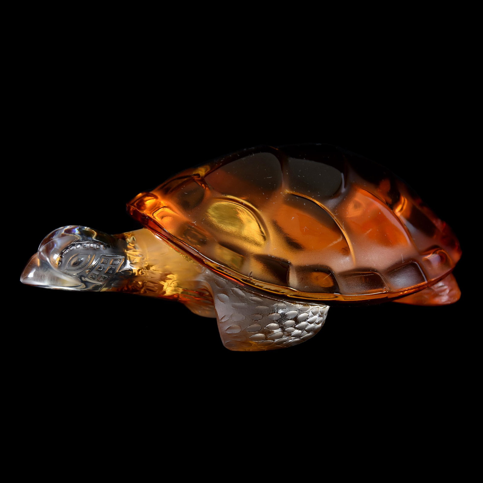 Figure Signed Lalique France, Amber/Clear Caroline: Figure Signed Lalique France, Amber/Clear Caroline, 2" x 5.75", Turtle, Script Signature, from the estate of Ronald W. Prielipp PHD, Salina, KS. Ron was a professor of mathematics at Bethany College, 