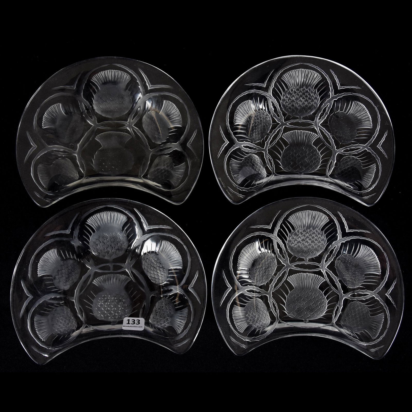 (4) Plates Signed Lalique France, Chardons Pattern: (4) Plates Signed Lalique France, Chardons Pattern, 8", Thistle, Crescent Shaped Plates, Script Signature, from the estate of Ronald W. Prielipp PHD, Salina, KS. Ron was a professor of mathematics at